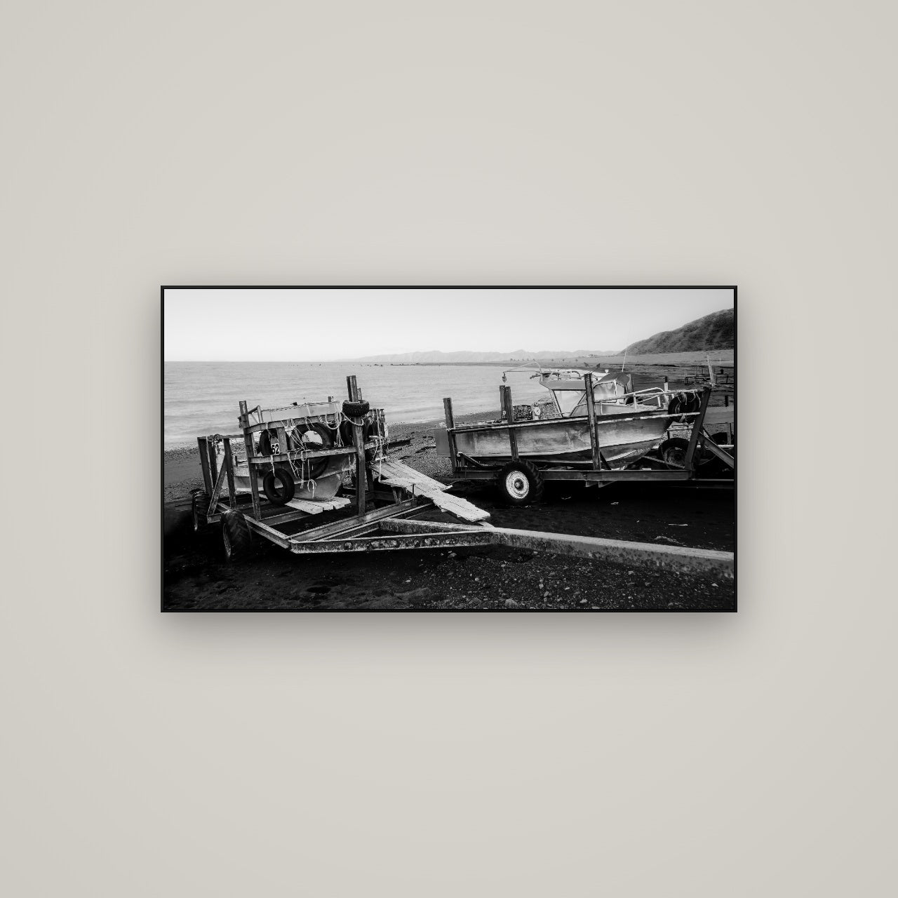 Boats in the Bay, Cape Palliser — ArtBox Black, 107×60 cm. New Zealand fine art wall art by Stephen Milner.