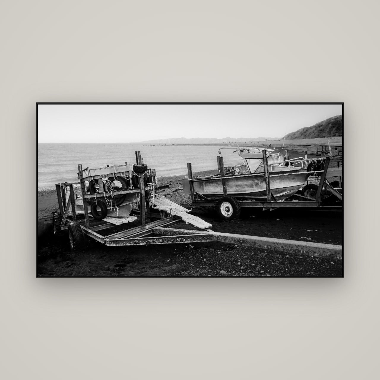 Boats in the Bay, Cape Palliser — ArtBox Black, 160×90 cm. New Zealand fine art wall art by Stephen Milner.