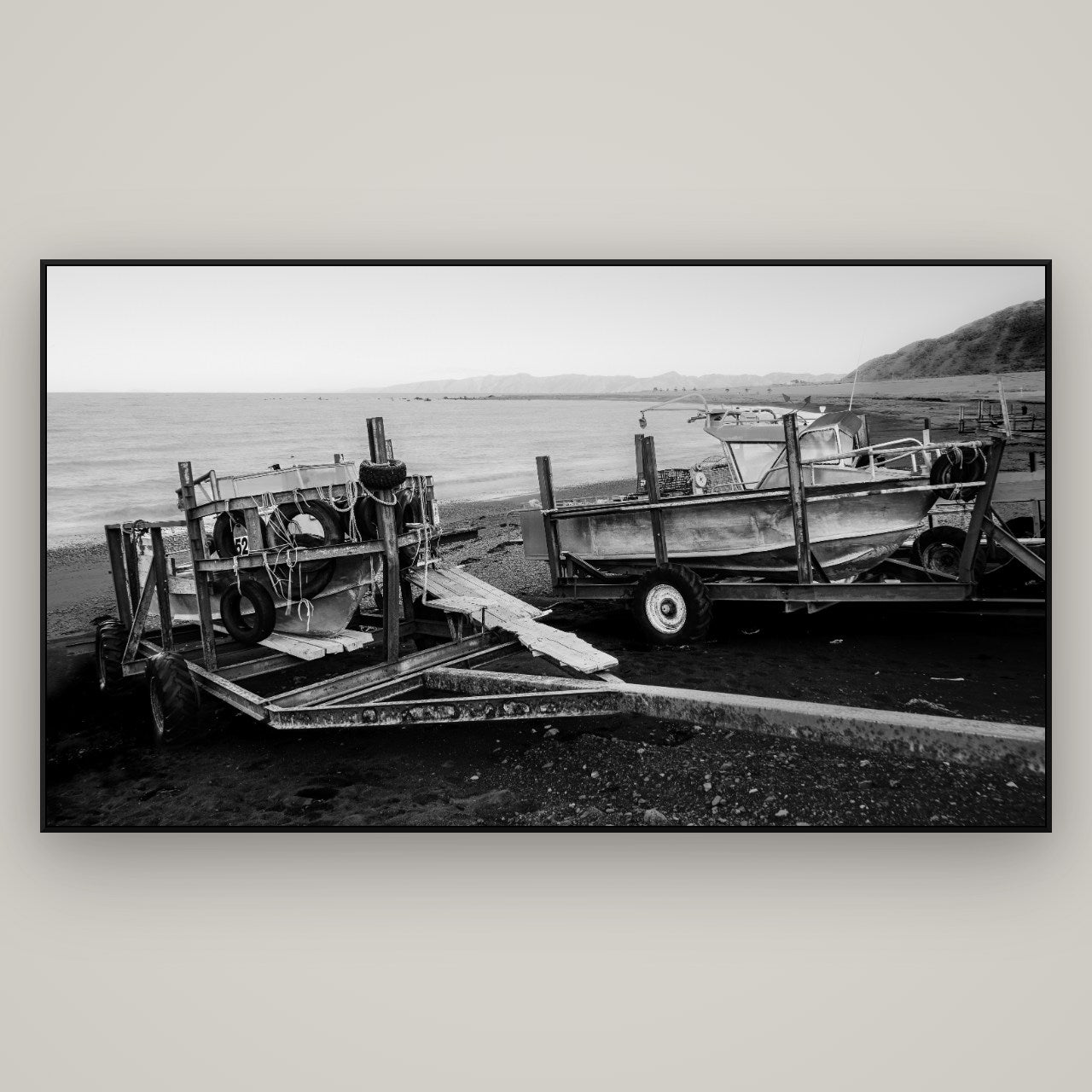 Boats in the Bay, Cape Palliser — ArtBox Black, 196×110 cm. New Zealand fine art wall art by Stephen Milner.