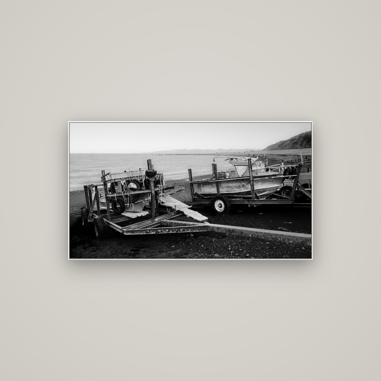 Boats in the Bay, Cape Palliser — ArtBox White, 107×60 cm. New Zealand fine art wall art by Stephen Milner.