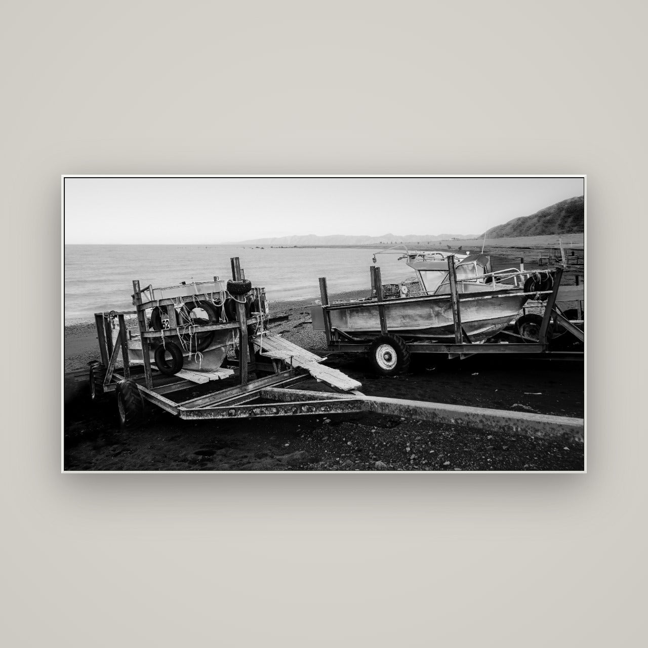 Boats in the Bay, Cape Palliser — ArtBox White, 160×90 cm. New Zealand fine art wall art by Stephen Milner.
