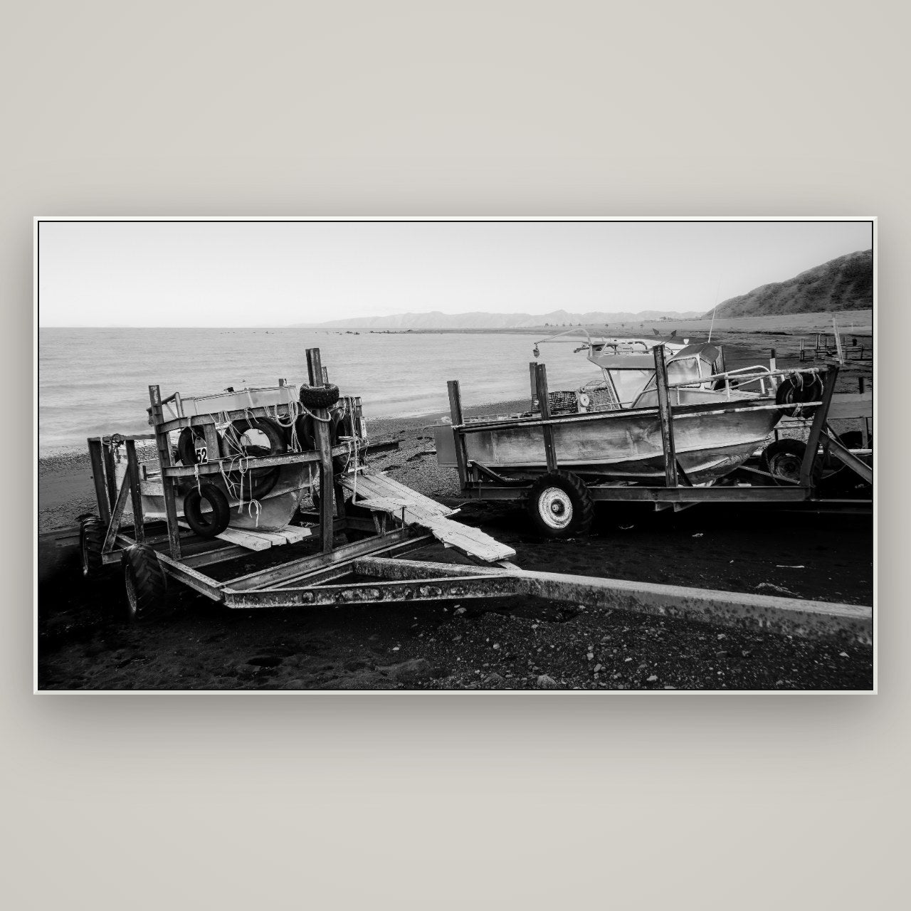 Boats in the Bay, Cape Palliser — ArtBox White, 196×110 cm. New Zealand fine art wall art by Stephen Milner.