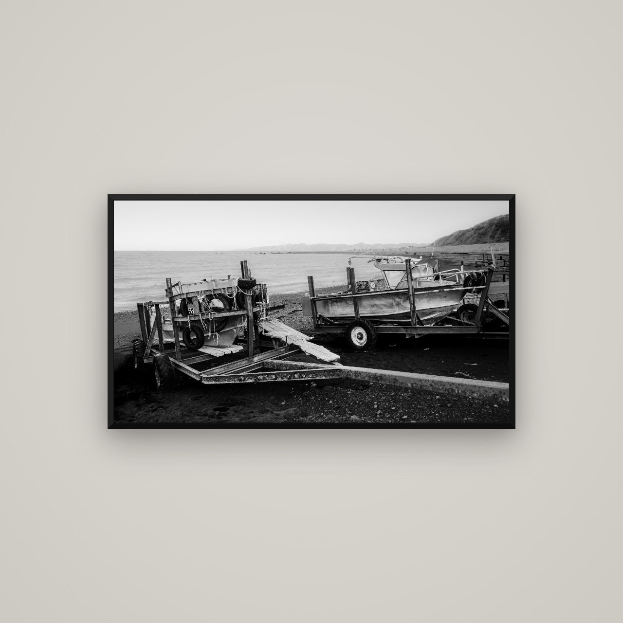 Boats in the Bay, Cape Palliser — Basel Black, 107×60 cm. New Zealand fine art wall art by Stephen Milner.