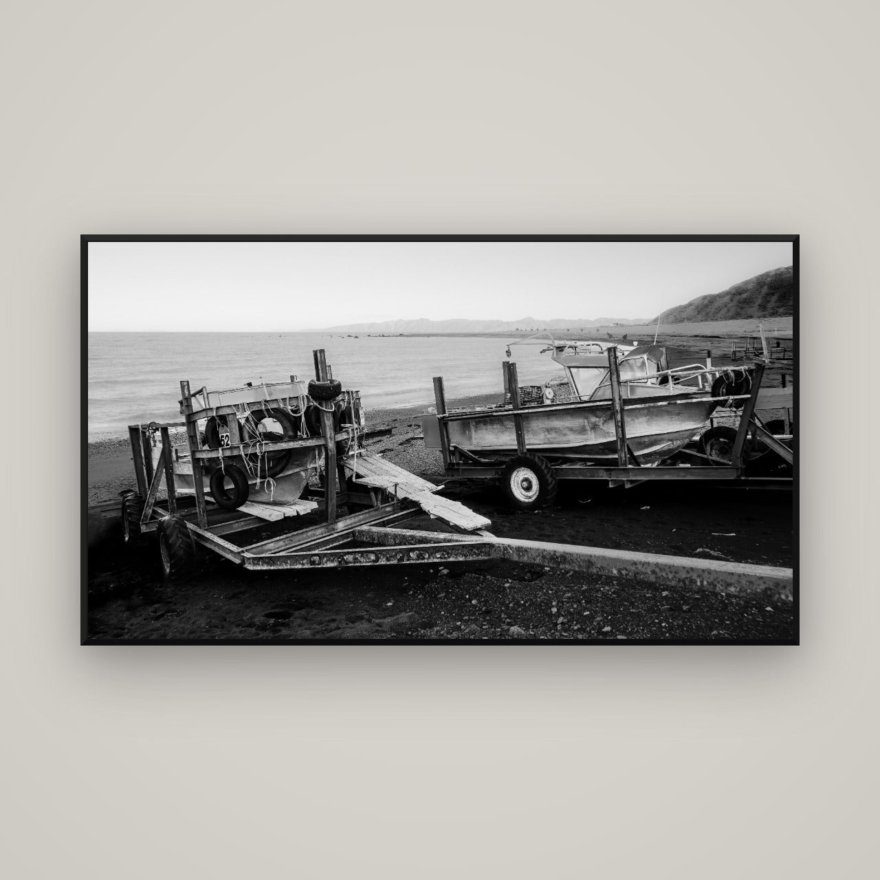 Boats in the Bay, Cape Palliser — Basel Black, 160×90 cm. New Zealand fine art wall art by Stephen Milner.