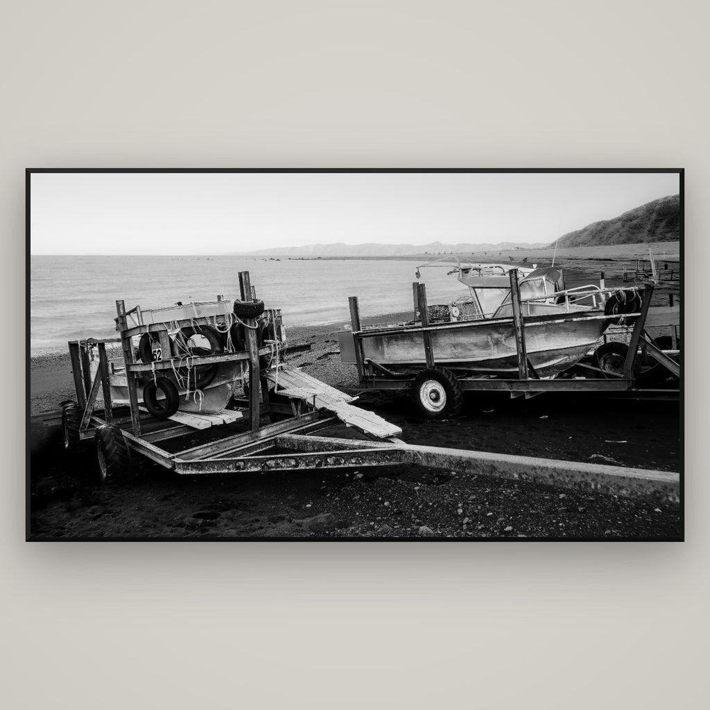 Boats in the Bay, Cape Palliser — Basel Black Matte, 196×110 cm. New Zealand fine art wall art by Stephen Milner.