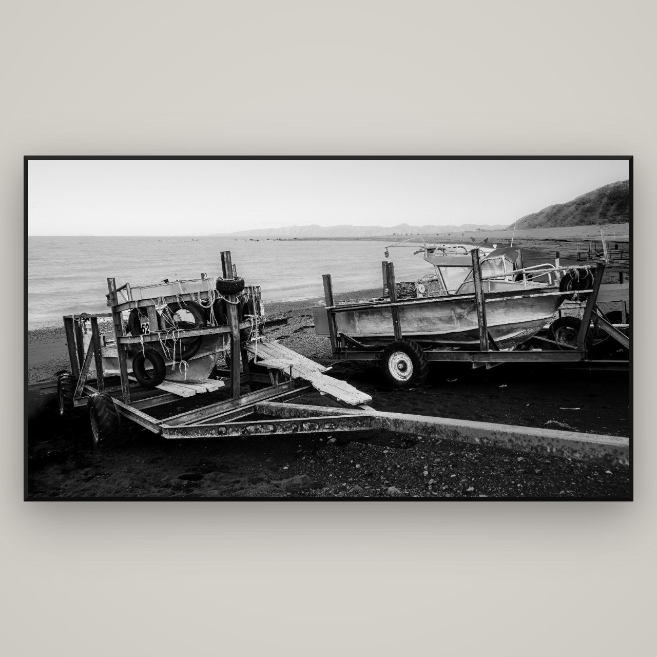 Boats in the Bay, Cape Palliser — Basel Black, 196×110 cm. New Zealand fine art wall art by Stephen Milner.