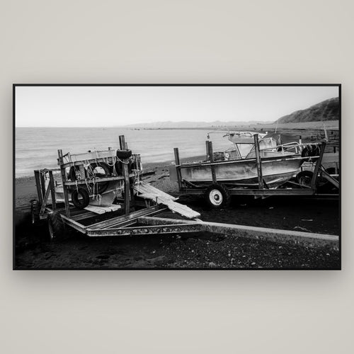 Boats in the Bay, Cape Palliser — Basel Black, 196×110 cm. New Zealand fine art wall art by Stephen Milner.