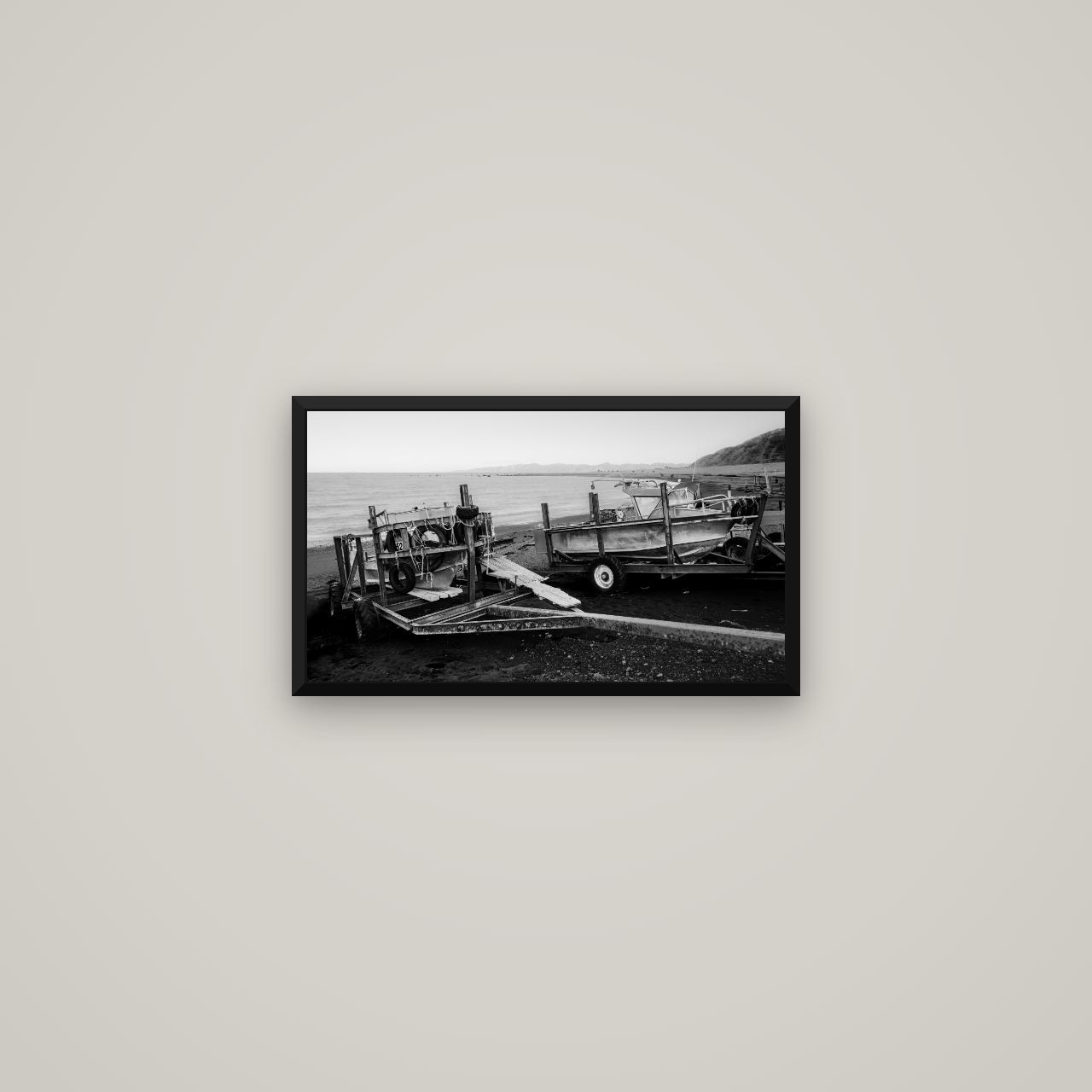 Boats in the Bay, Cape Palliser — Basel Black Matte, 53×30 cm. New Zealand fine art wall art by Stephen Milner.