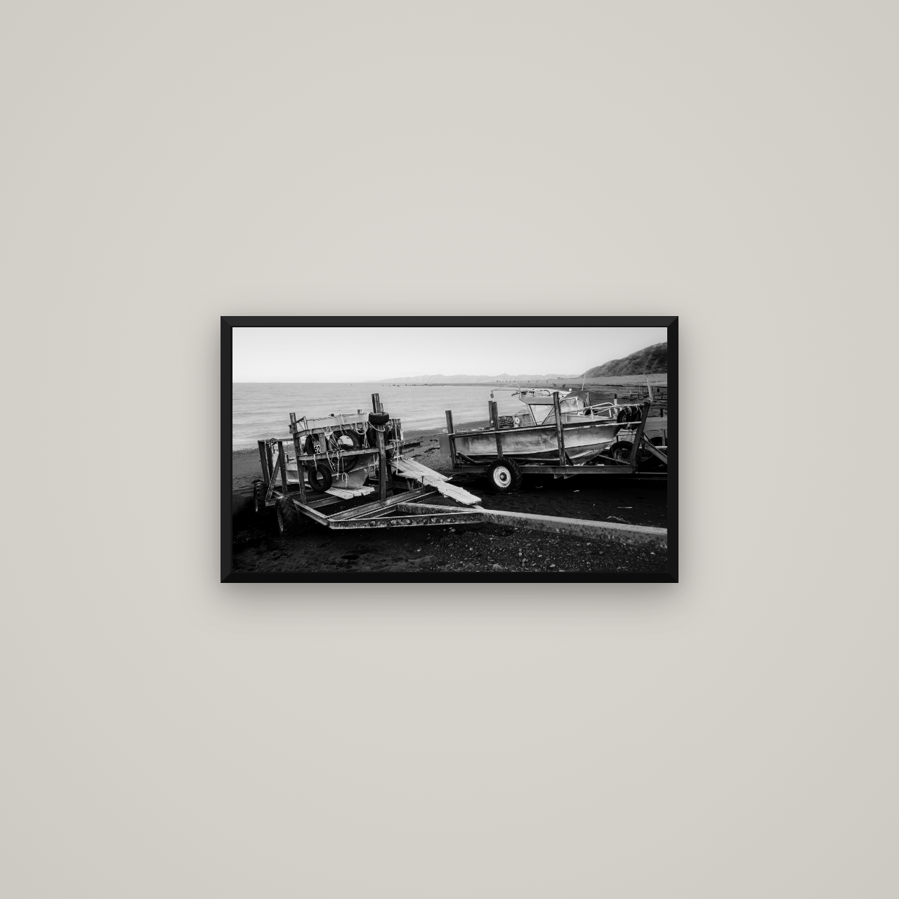 Boats in the Bay, Cape Palliser — Basel Black Matte, 64×36 cm. New Zealand fine art wall art by Stephen Milner.