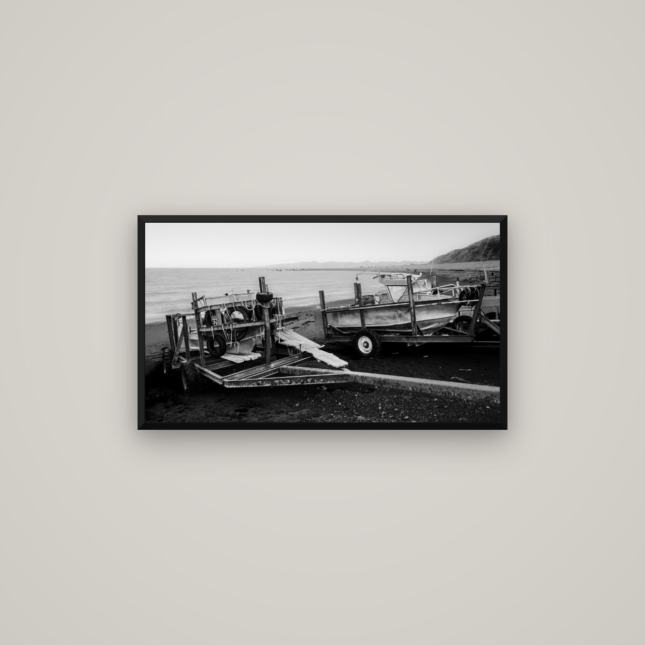 Boats in the Bay, Cape Palliser — Basel Black Matte, 80×45 cm. New Zealand fine art wall art by Stephen Milner.