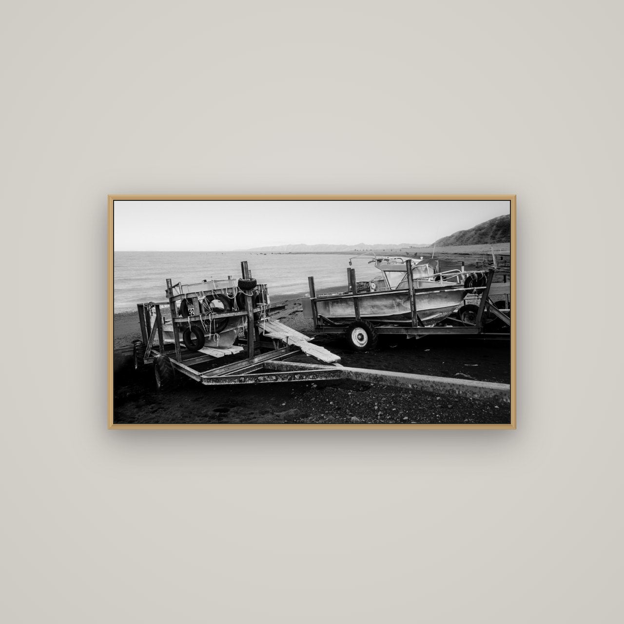 Boats in the Bay, Cape Palliser, Basel Natural Oak, 107×60 cm. New Zealand fine art wall art by Stephen Milner.