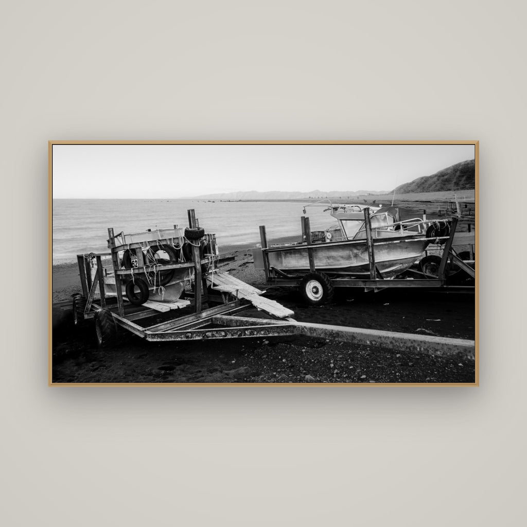 Boats in the Bay, Cape Palliser, Basel Natural Oak, 160×90 cm. New Zealand fine art wall art by Stephen Milner.