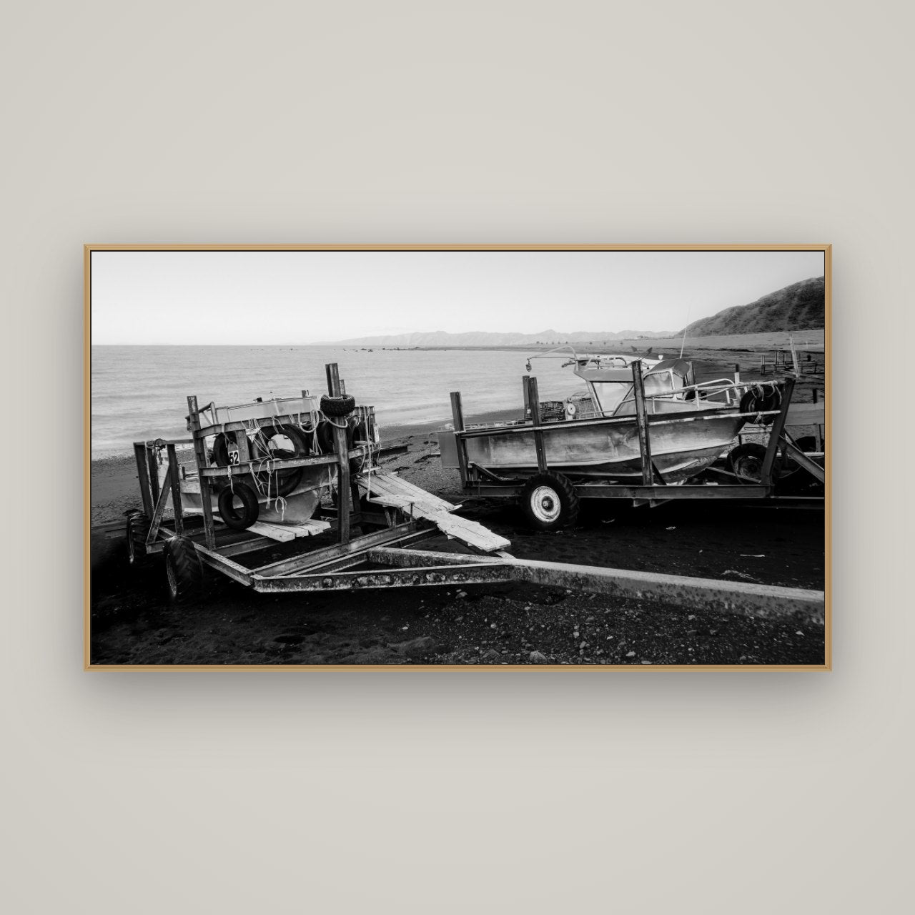 Boats in the Bay, Cape Palliser, Basel Natural Oak, 160×90 cm. New Zealand fine art wall art by Stephen Milner.