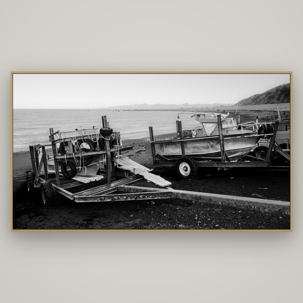 Boats in the Bay, Cape Palliser, Basel Natural Oak, 196×110 cm. New Zealand fine art wall art by Stephen Milner.