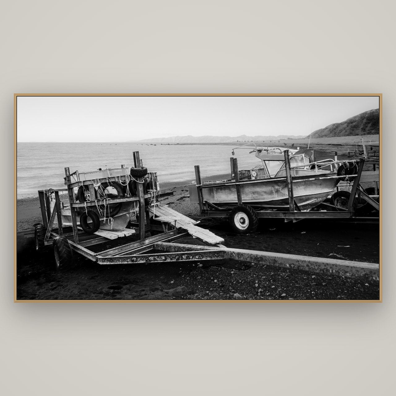Boats in the Bay, Cape Palliser, Basel Natural Oak, 196×110 cm. New Zealand fine art wall art by Stephen Milner.