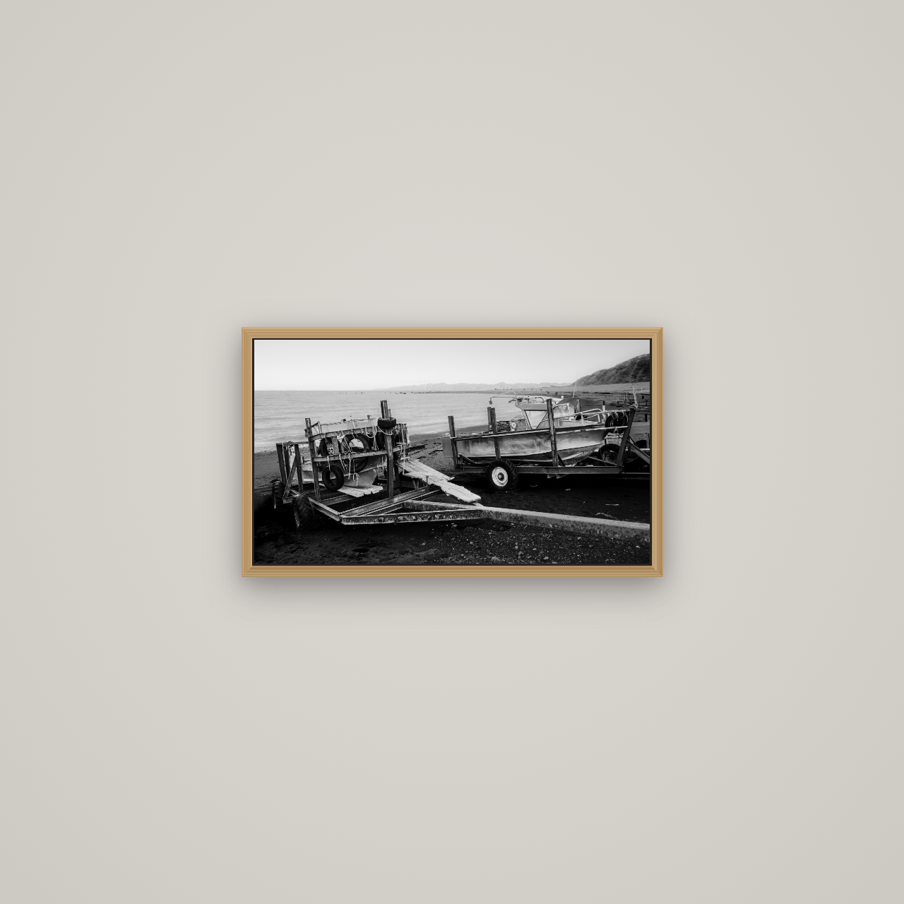 Boats in the Bay, Cape Palliser, Basel Natural Oak, 53×30 cm. New Zealand fine art wall art by Stephen Milner.