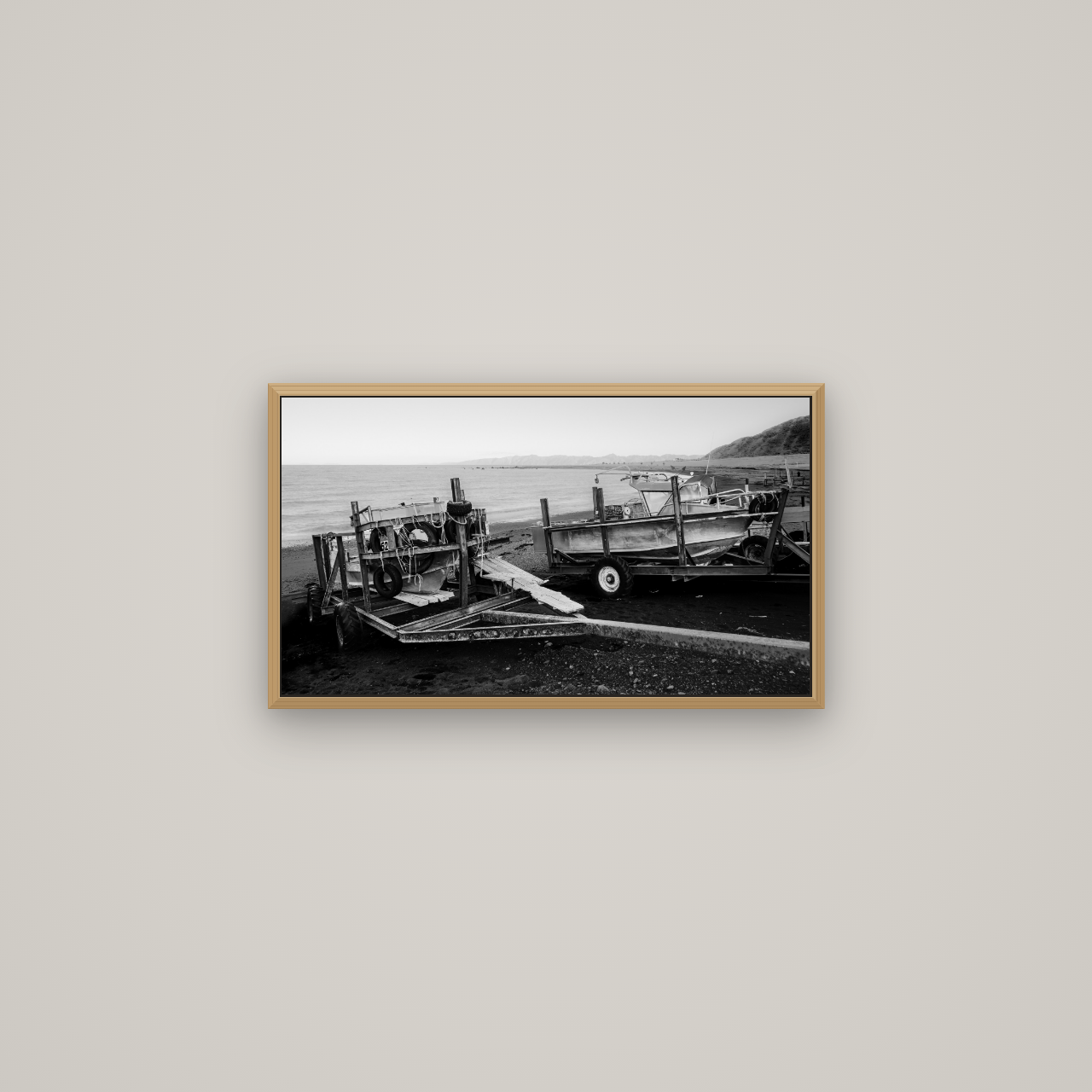 Boats in the Bay, Cape Palliser, Basel Natural Oak, 64×36 cm. New Zealand fine art wall art by Stephen Milner.
