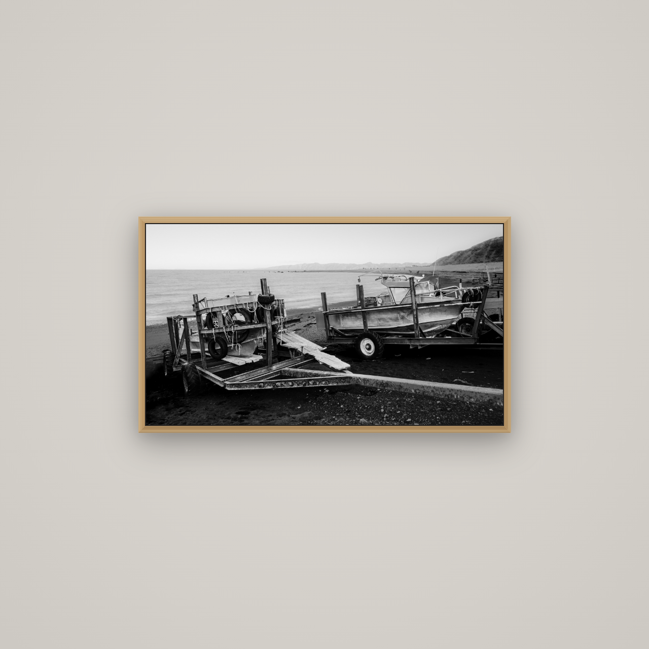 Boats in the Bay, Cape Palliser, Basel Natural Oak, 80×45 cm. New Zealand fine art wall art by Stephen Milner.