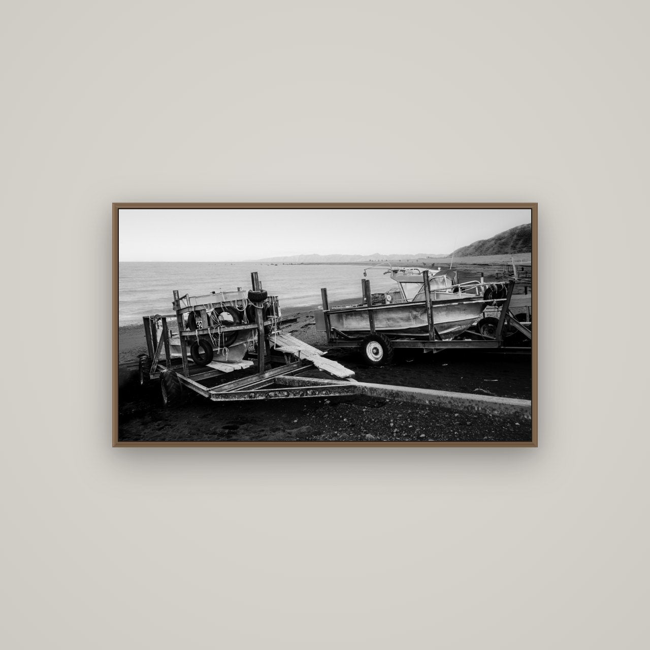 Boats in the Bay, Cape Palliser, Basel Walnut, 107×60 cm. New Zealand fine art wall art by Stephen Milner.