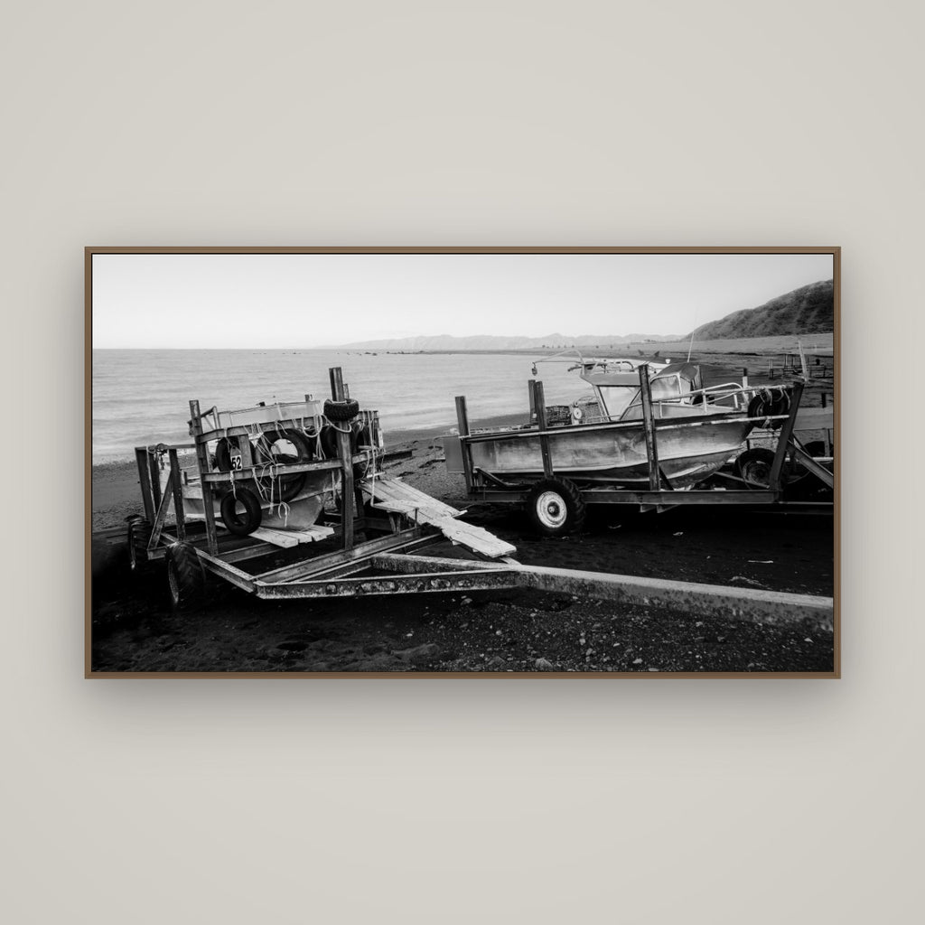 Boats in the Bay, Cape Palliser, Basel Walnut, 160×90 cm. New Zealand fine art wall art by Stephen Milner.