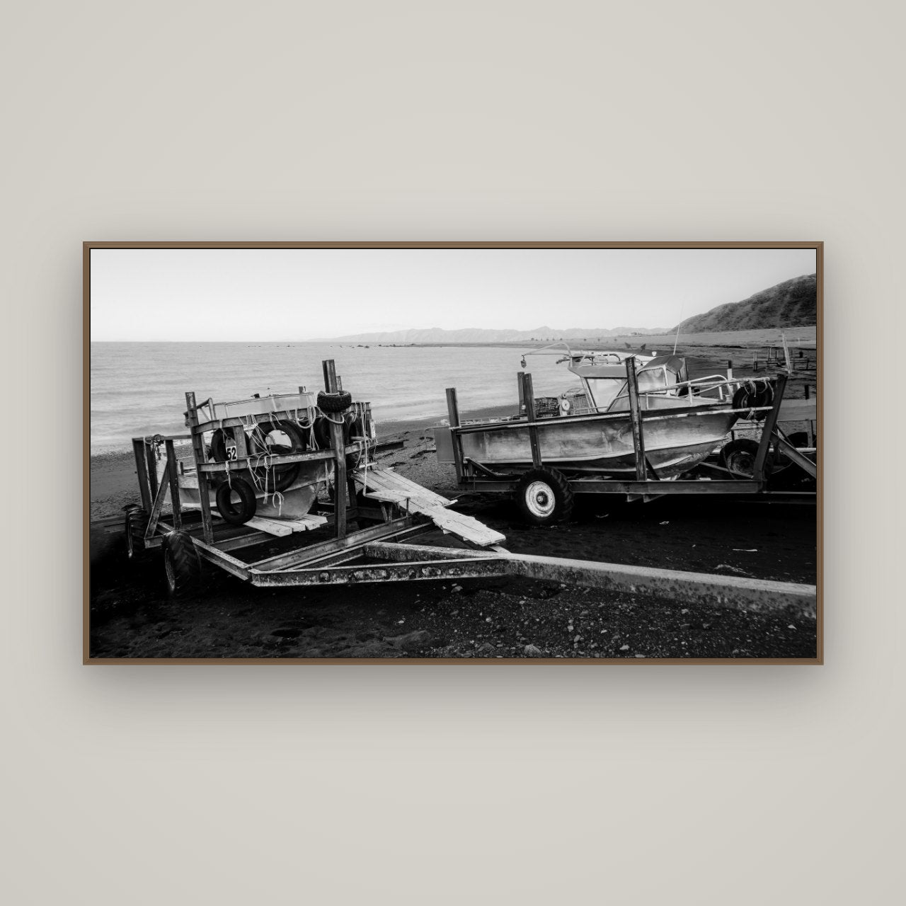 Boats in the Bay, Cape Palliser, Basel Walnut, 160×90 cm. New Zealand fine art wall art by Stephen Milner.