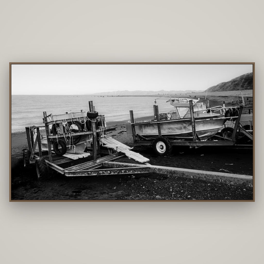 Boats in the Bay, Cape Palliser, Basel Walnut, 196×110 cm. New Zealand fine art wall art by Stephen Milner.
