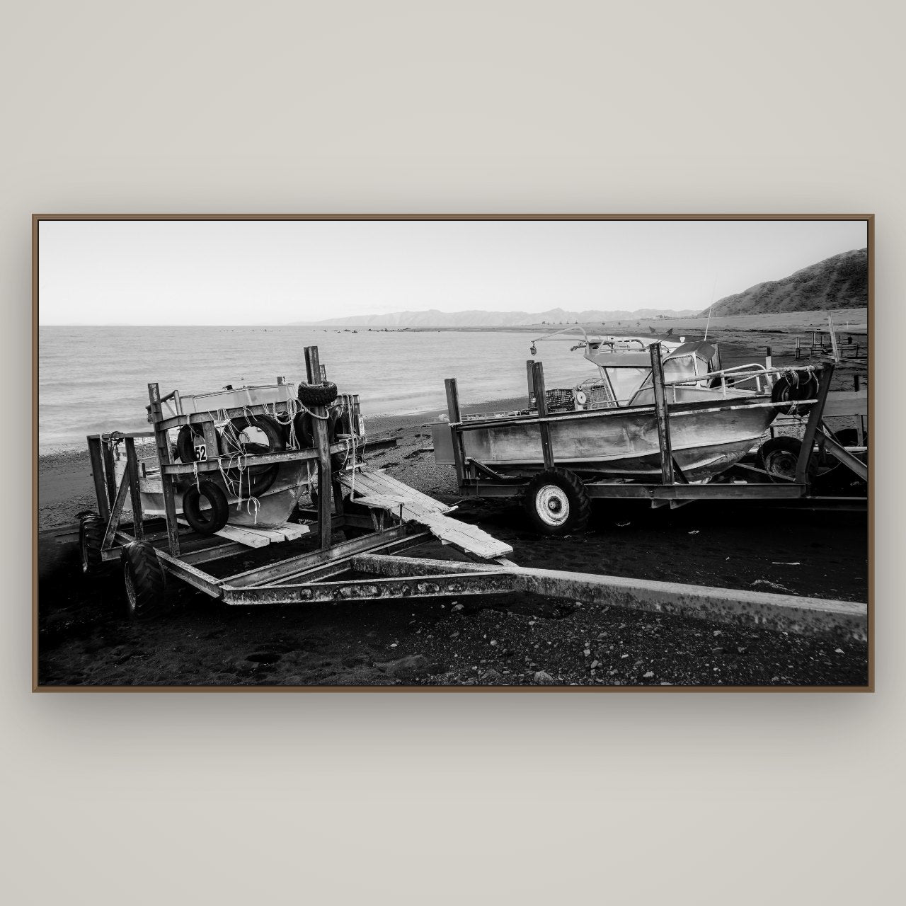 Boats in the Bay, Cape Palliser, Basel Walnut, 196×110 cm. New Zealand fine art wall art by Stephen Milner.