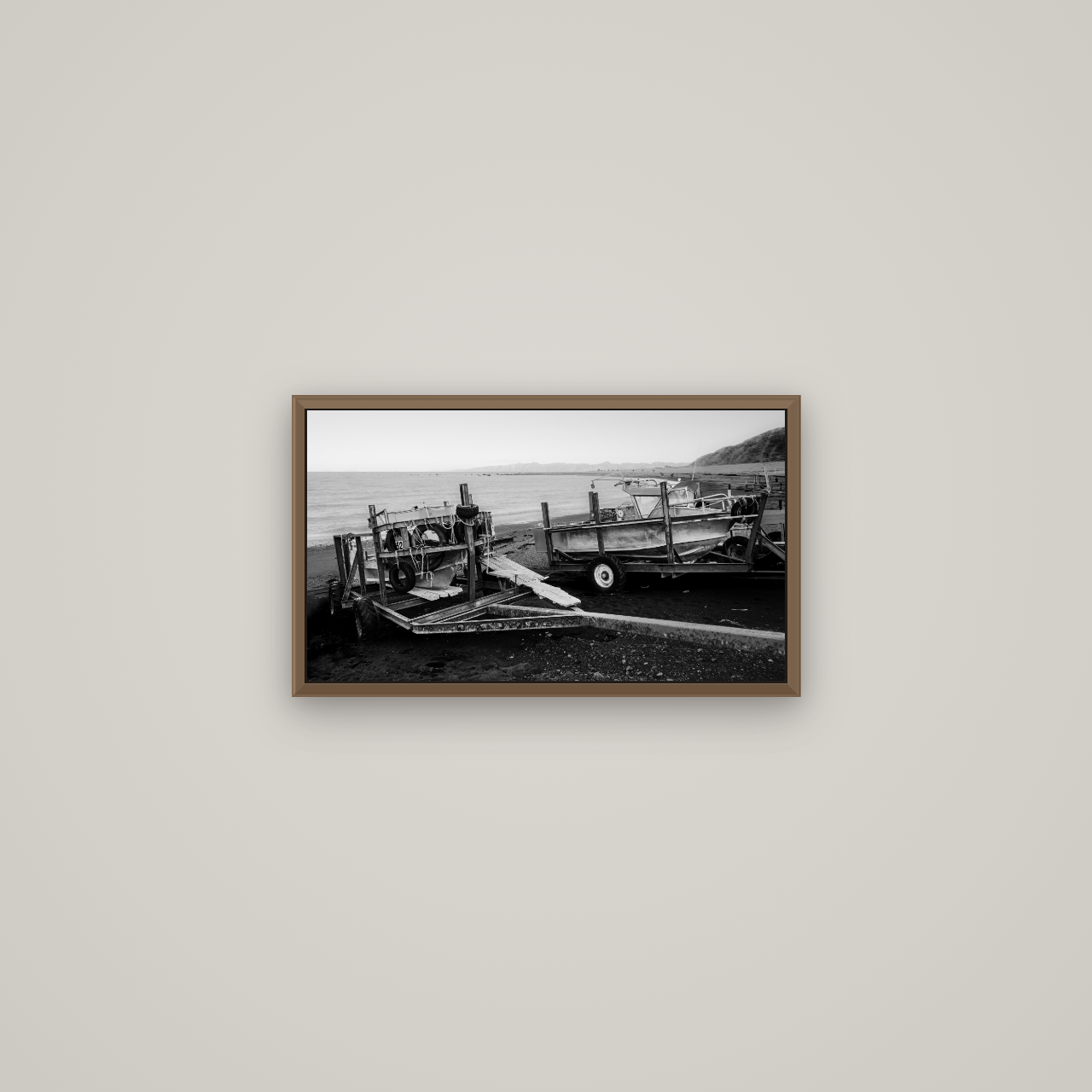 Boats in the Bay, Cape Palliser, Basel Walnut, 53×30 cm. New Zealand fine art wall art by Stephen Milner.