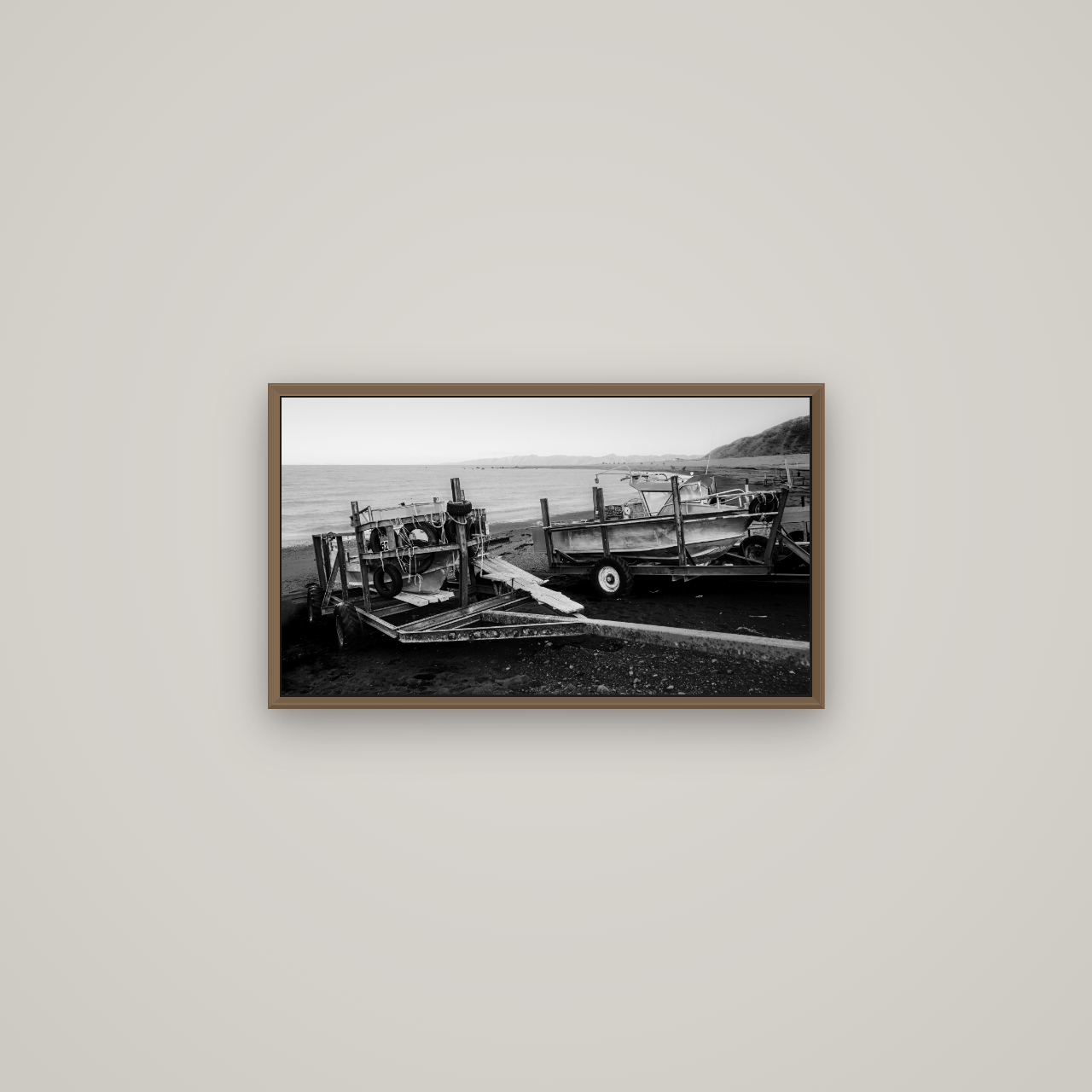 Boats in the Bay, Cape Palliser, Basel Walnut, 64×36 cm. New Zealand fine art wall art by Stephen Milner.