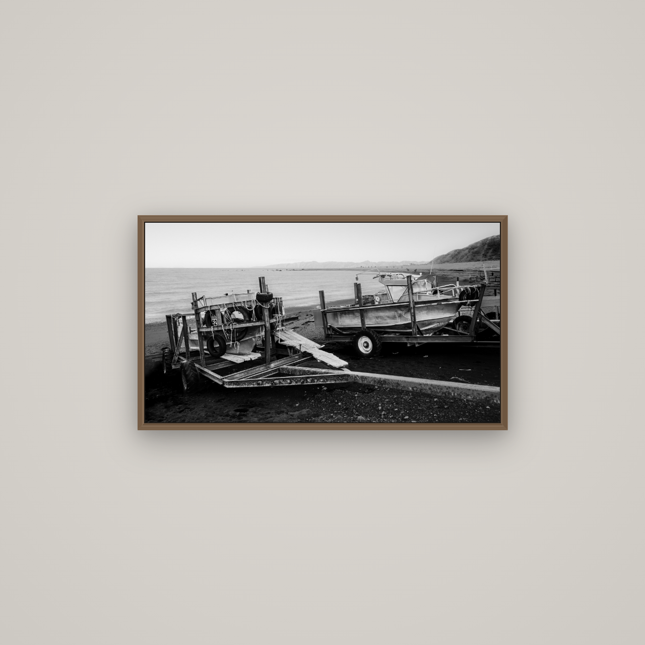 Boats in the Bay, Cape Palliser, Basel Walnut, 80×45 cm. New Zealand fine art wall art by Stephen Milner.