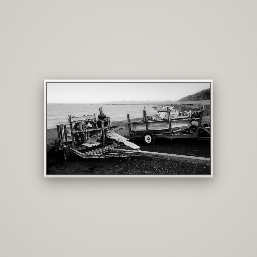 Boats in the Bay, Cape Palliser — Basel White, 107×60 cm. New Zealand fine art wall art by Stephen Milner.