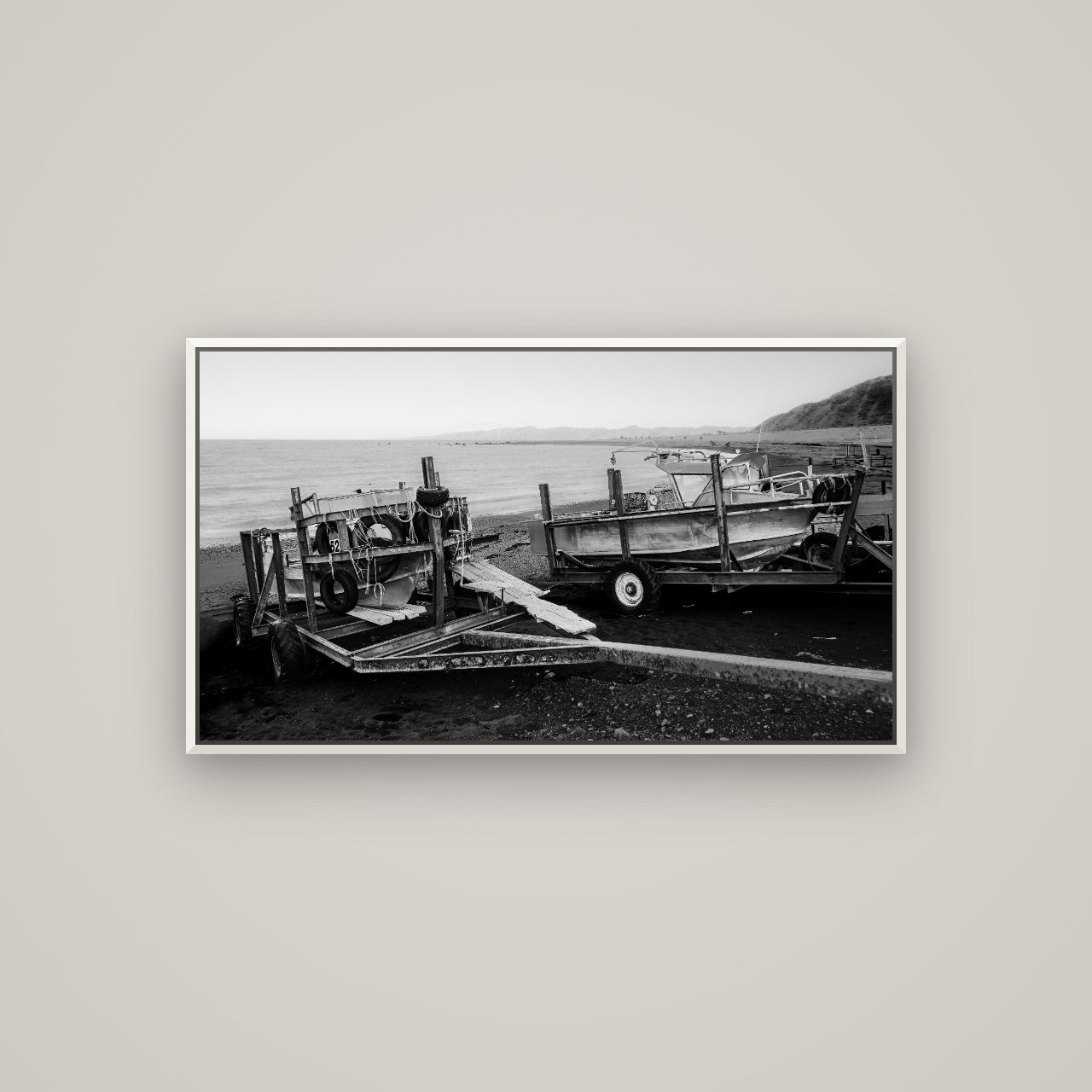 Boats in the Bay, Cape Palliser — Basel White, 107×60 cm. New Zealand fine art wall art by Stephen Milner.
