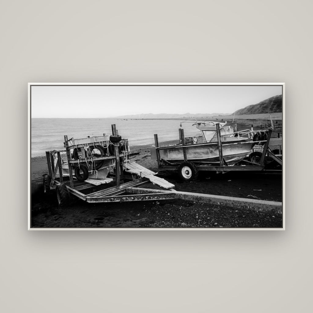 Boats in the Bay, Cape Palliser — Basel White, 160×90 cm. New Zealand fine art wall art by Stephen Milner.
