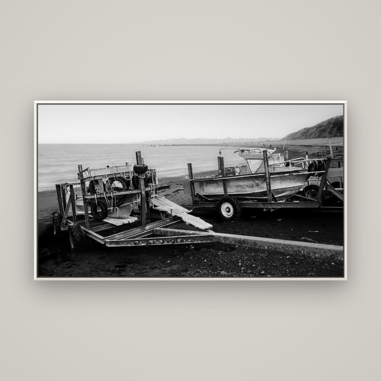 Boats in the Bay, Cape Palliser — Basel White, 160×90 cm. New Zealand fine art wall art by Stephen Milner.