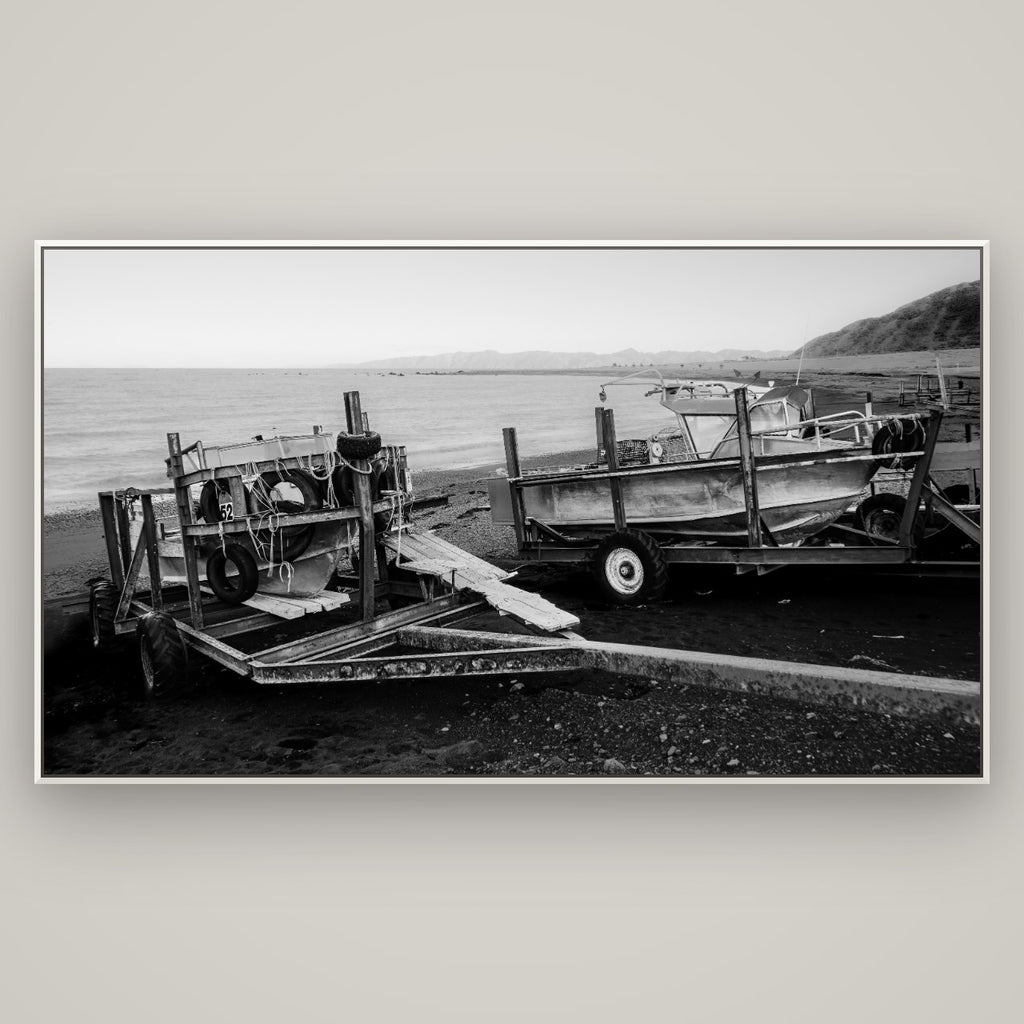 Boats in the Bay, Cape Palliser — Basel White, 196×110 cm. New Zealand fine art wall art by Stephen Milner.