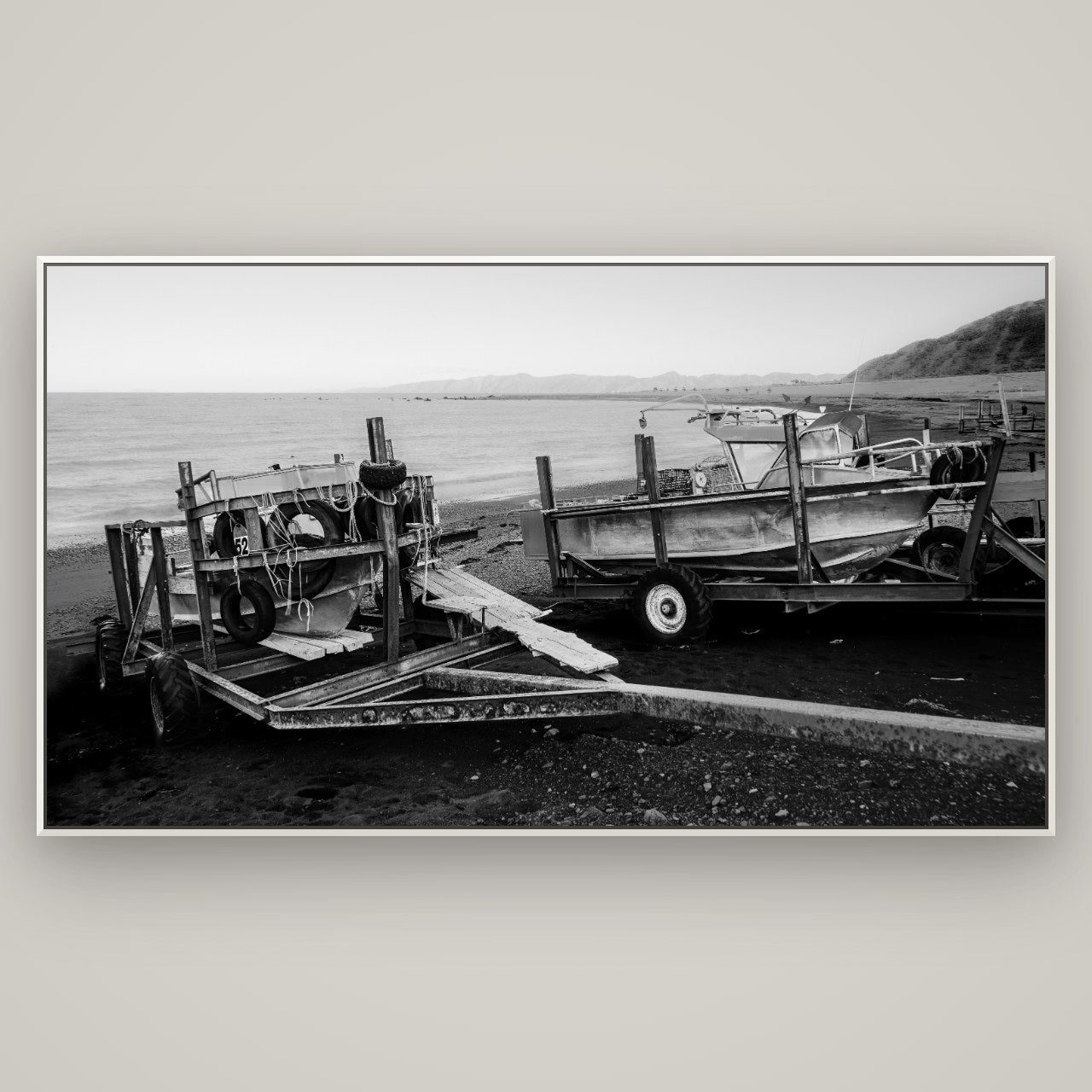 Boats in the Bay, Cape Palliser — Basel White, 196×110 cm. New Zealand fine art wall art by Stephen Milner.