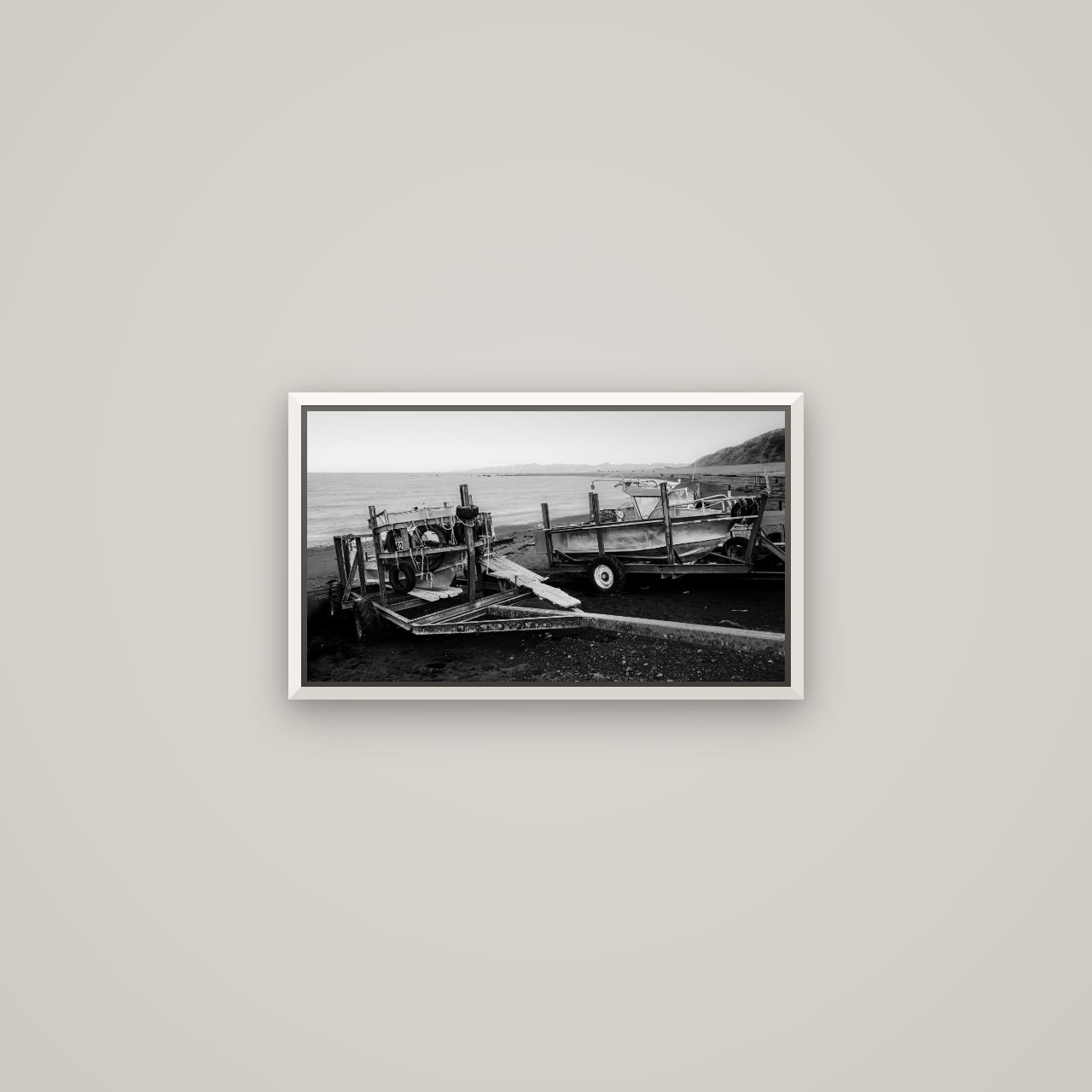 Boats in the Bay, Cape Palliser — Basel White, 53×30 cm. New Zealand fine art wall art by Stephen Milner.