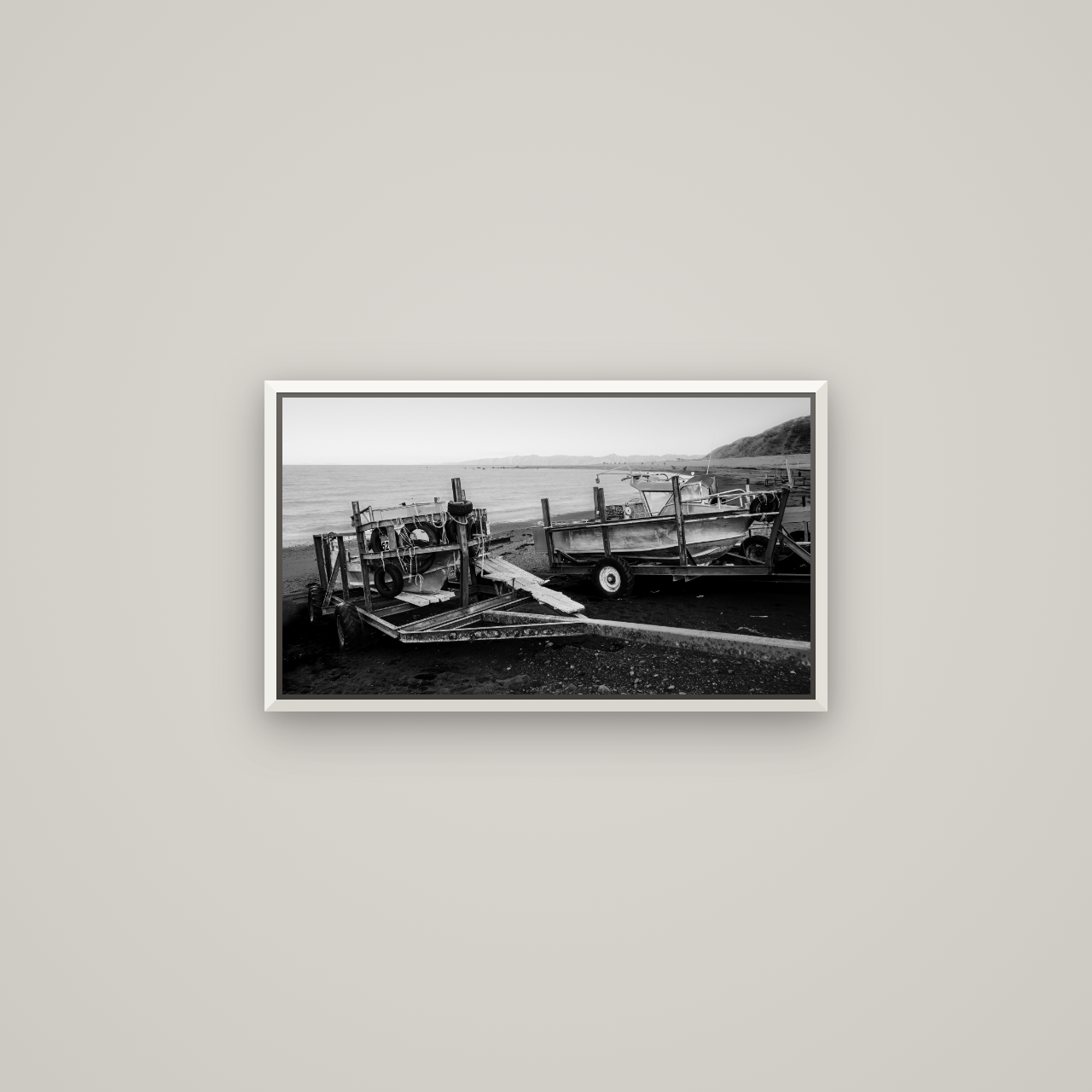 Boats in the Bay, Cape Palliser — Basel White, 64×36 cm. New Zealand fine art wall art by Stephen Milner.