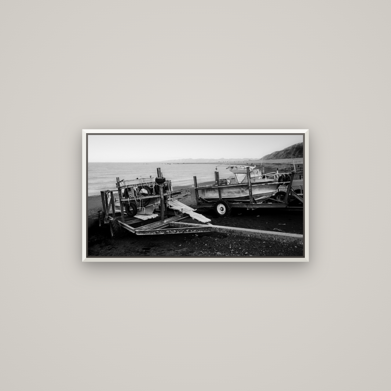 Boats in the Bay, Cape Palliser — Basel White, 80×45 cm. New Zealand fine art wall art by Stephen Milner.