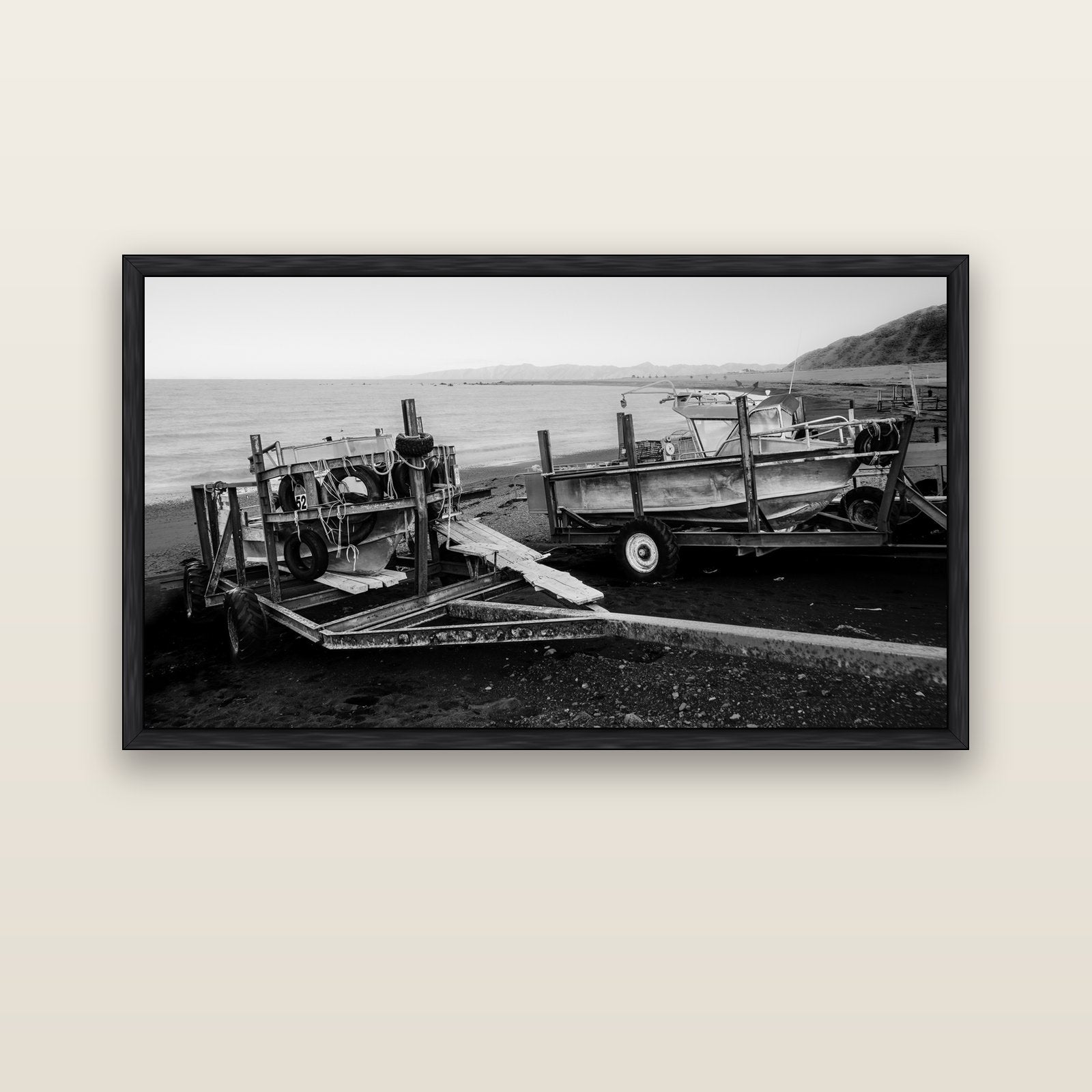 Boats in the Bay, Cape Palliser — black float frame canvas, 152 × 86 cm. New Zealand fine art landscape wall art by Stephen Milner.
