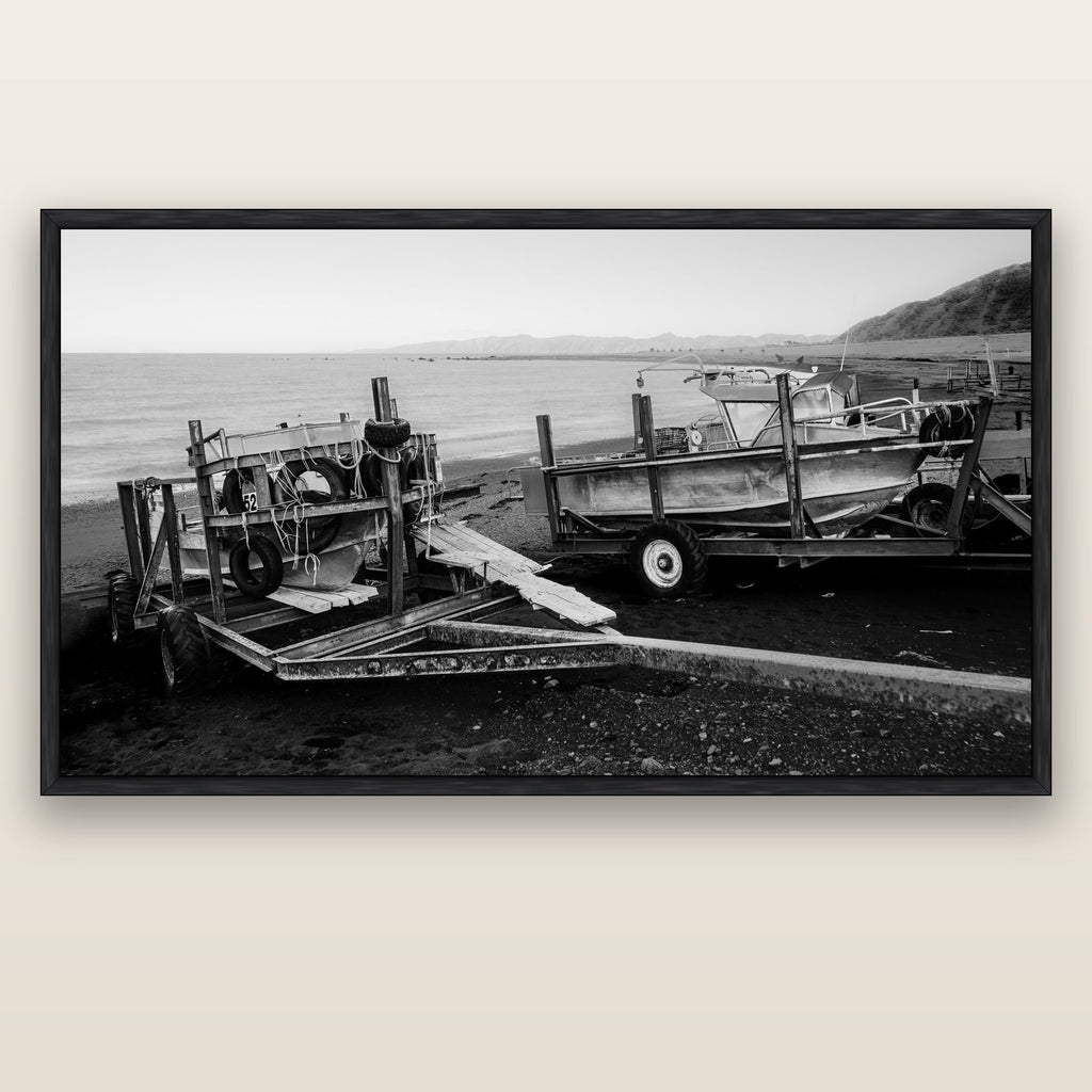 Boats in the Bay, Cape Palliser — black float frame canvas, 200 × 130 cm. New Zealand fine art landscape wall art by Stephen Milner.