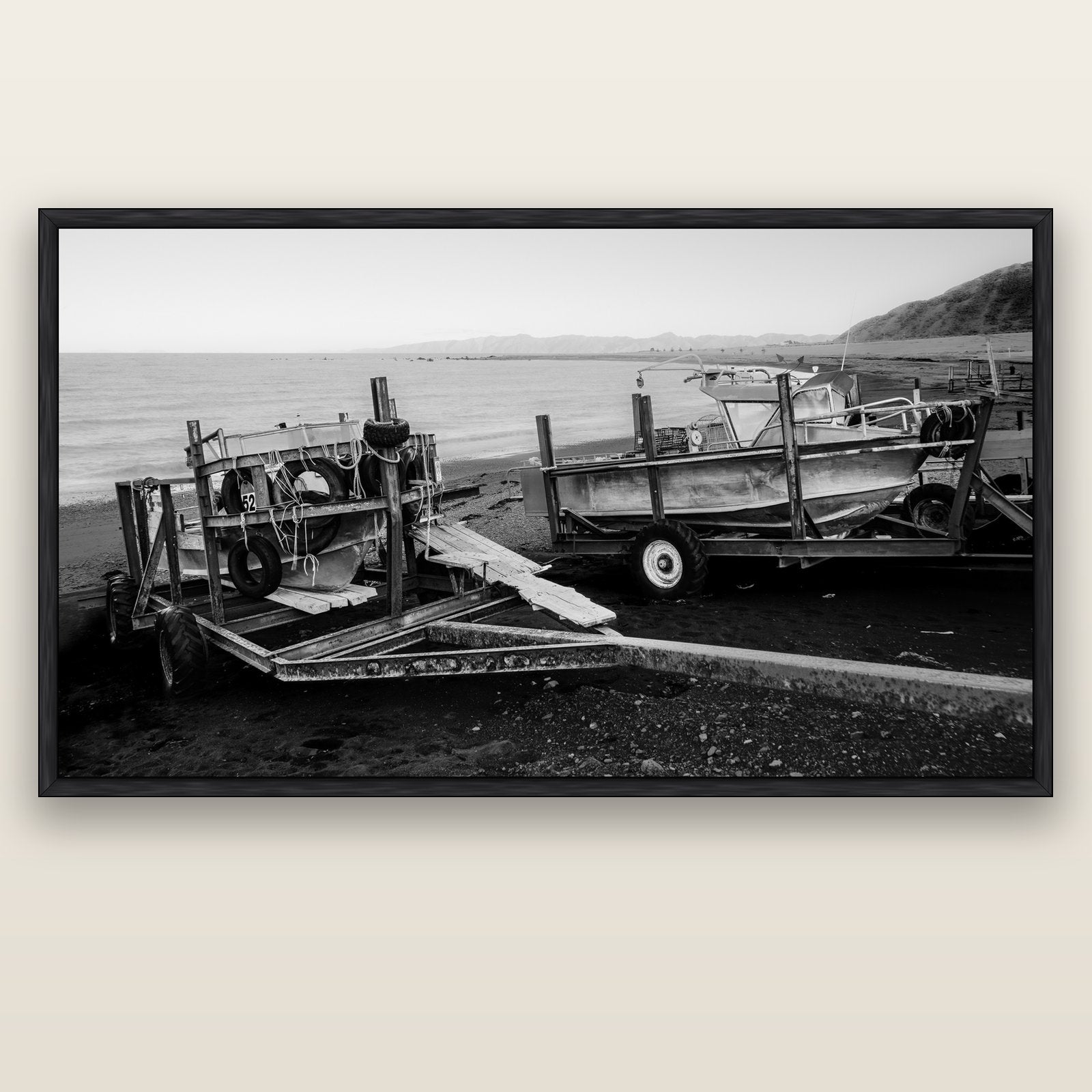 Boats in the Bay, Cape Palliser — black float frame canvas, 201 × 99 cm. New Zealand fine art landscape wall art by Stephen Milner.