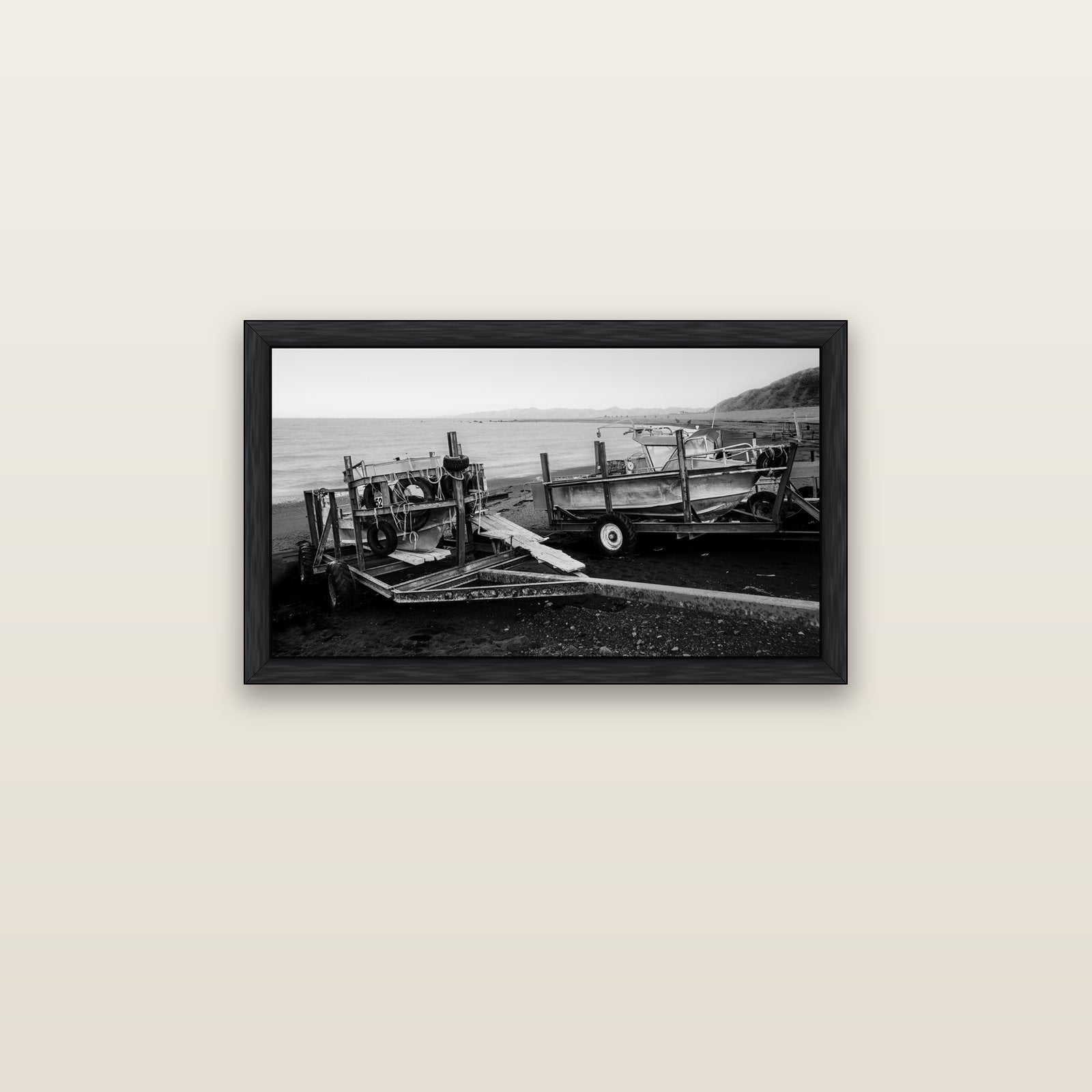 Boats in the Bay, Cape Palliser — black float frame canvas, 81 × 46 cm. New Zealand fine art landscape wall art by Stephen Milner.