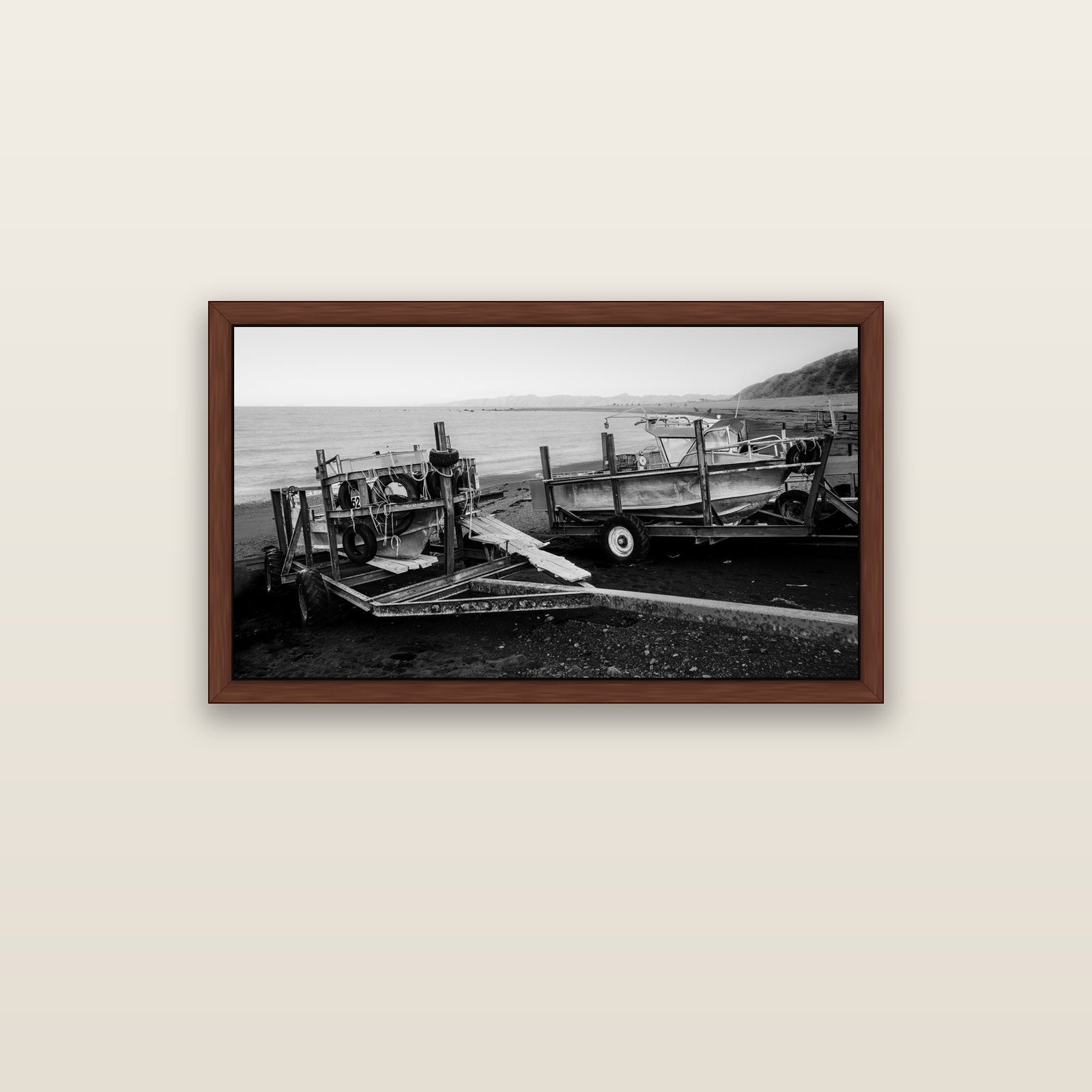 Boats in the Bay, Cape Palliser — brown float frame canvas, 102 × 56 cm. New Zealand fine art landscape wall art by Stephen Milner.