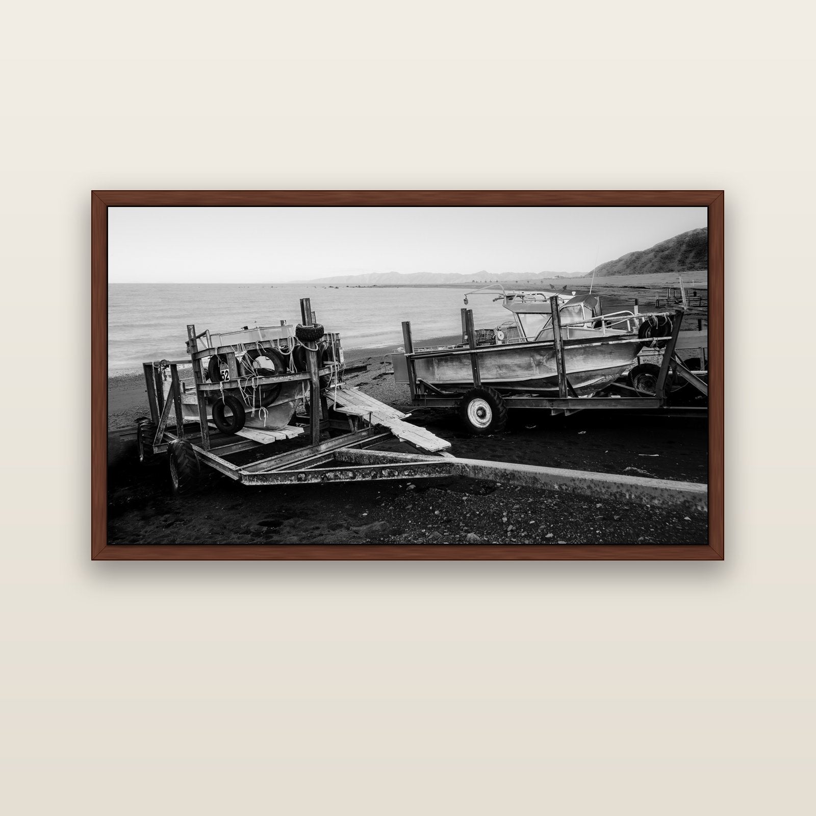 Boats in the Bay, Cape Palliser — brown float frame canvas, 152 × 86 cm. New Zealand fine art landscape wall art by Stephen Milner.