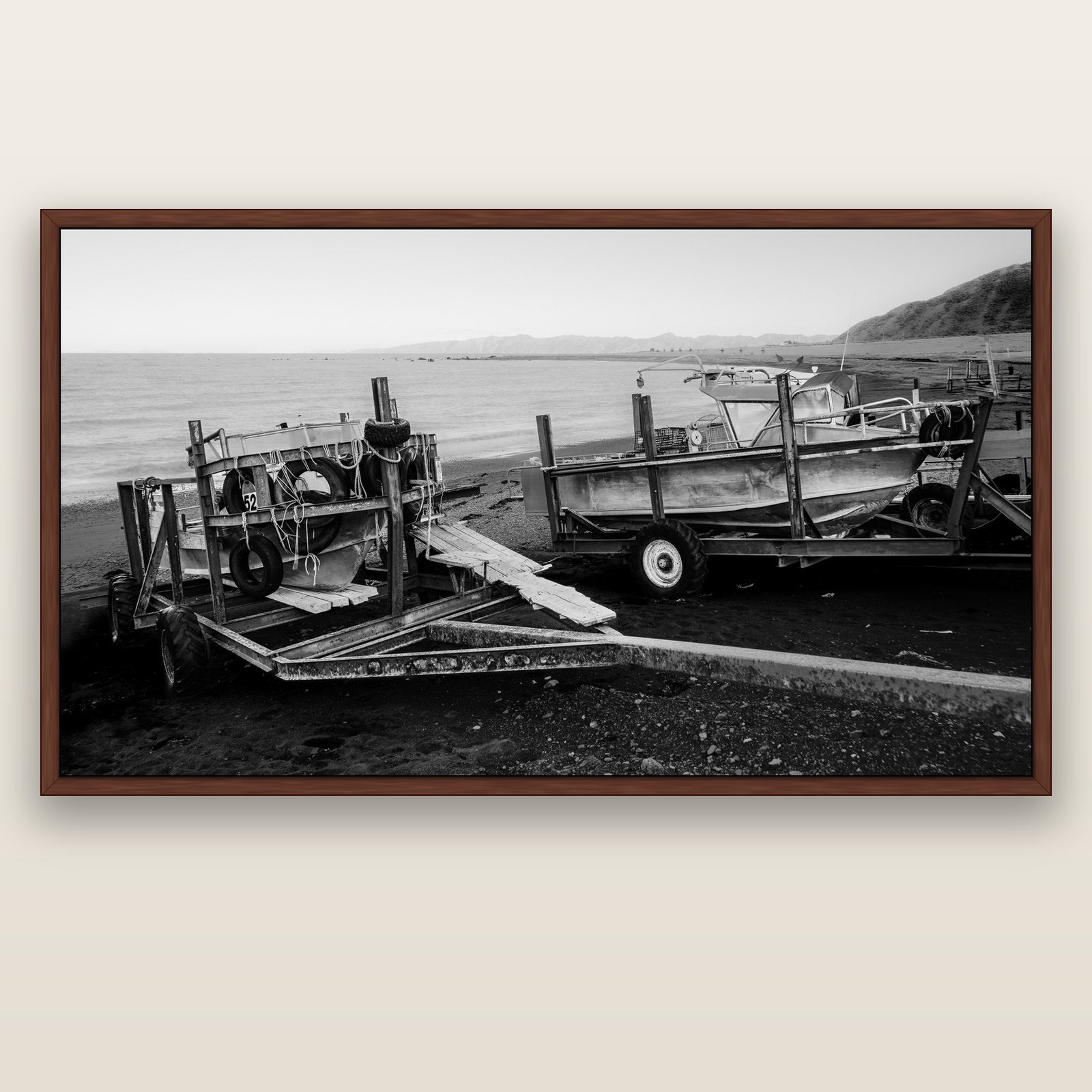 Boats in the Bay, Cape Palliser — brown float frame canvas, 200 × 130 cm. New Zealand fine art landscape wall art by Stephen Milner.