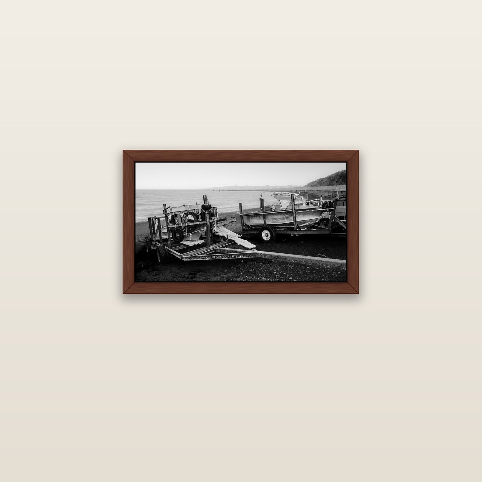 Boats in the Bay, Cape Palliser — brown float frame canvas, 61 × 36 cm. New Zealand fine art landscape wall art by Stephen Milner.