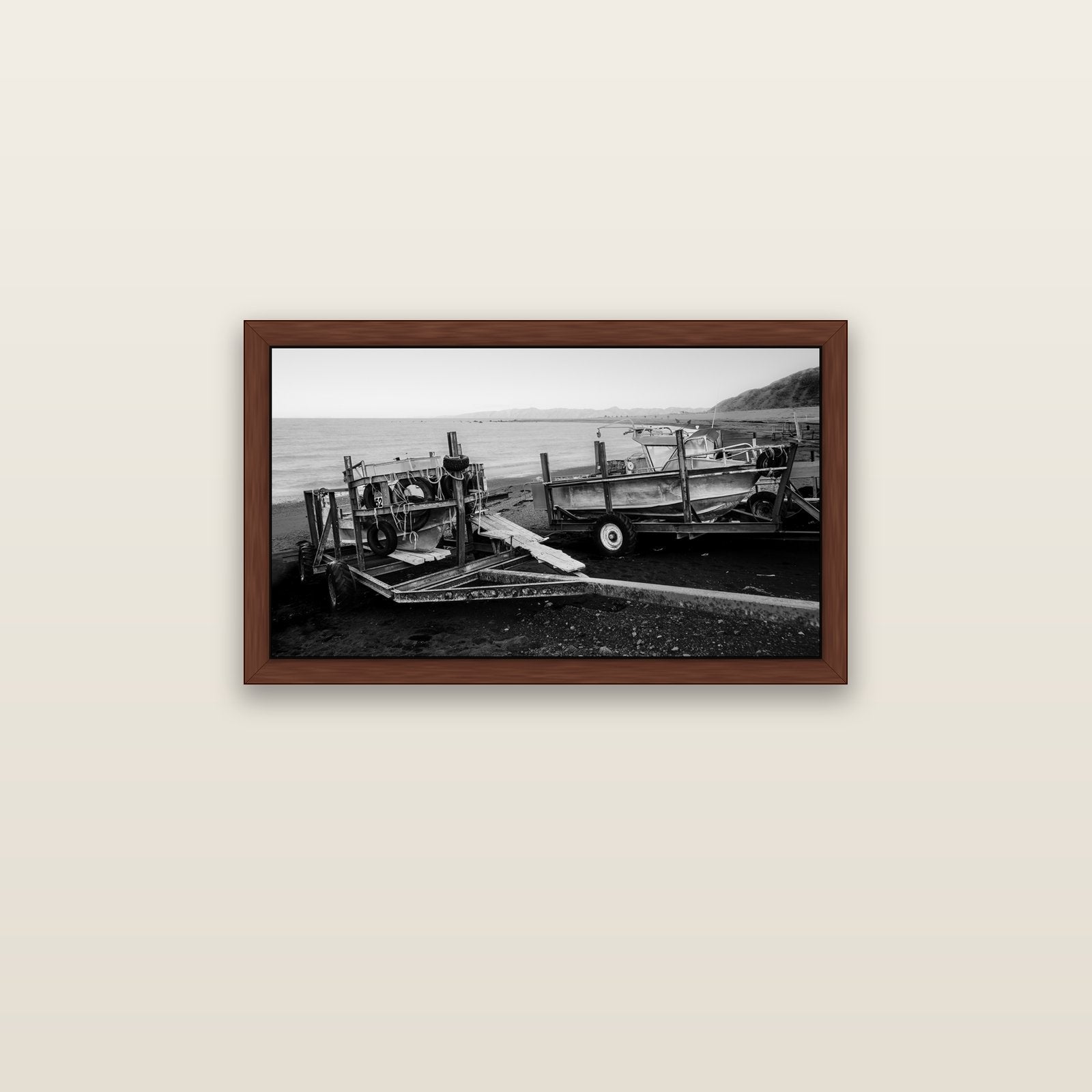 Boats in the Bay, Cape Palliser — brown float frame canvas, 81 × 46 cm. New Zealand fine art landscape wall art by Stephen Milner.