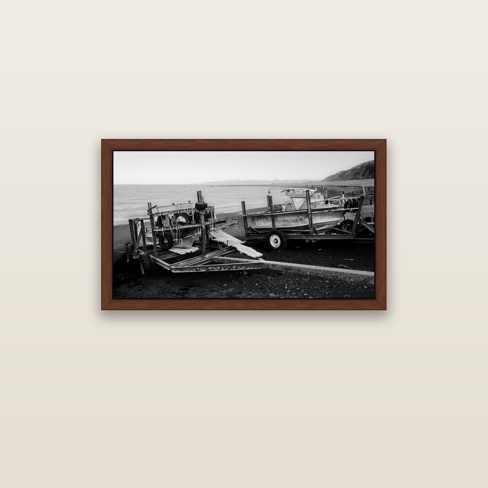 Boats in the Bay, Cape Palliser — brown float frame canvas, 91 × 51 cm. New Zealand fine art landscape wall art by Stephen Milner.