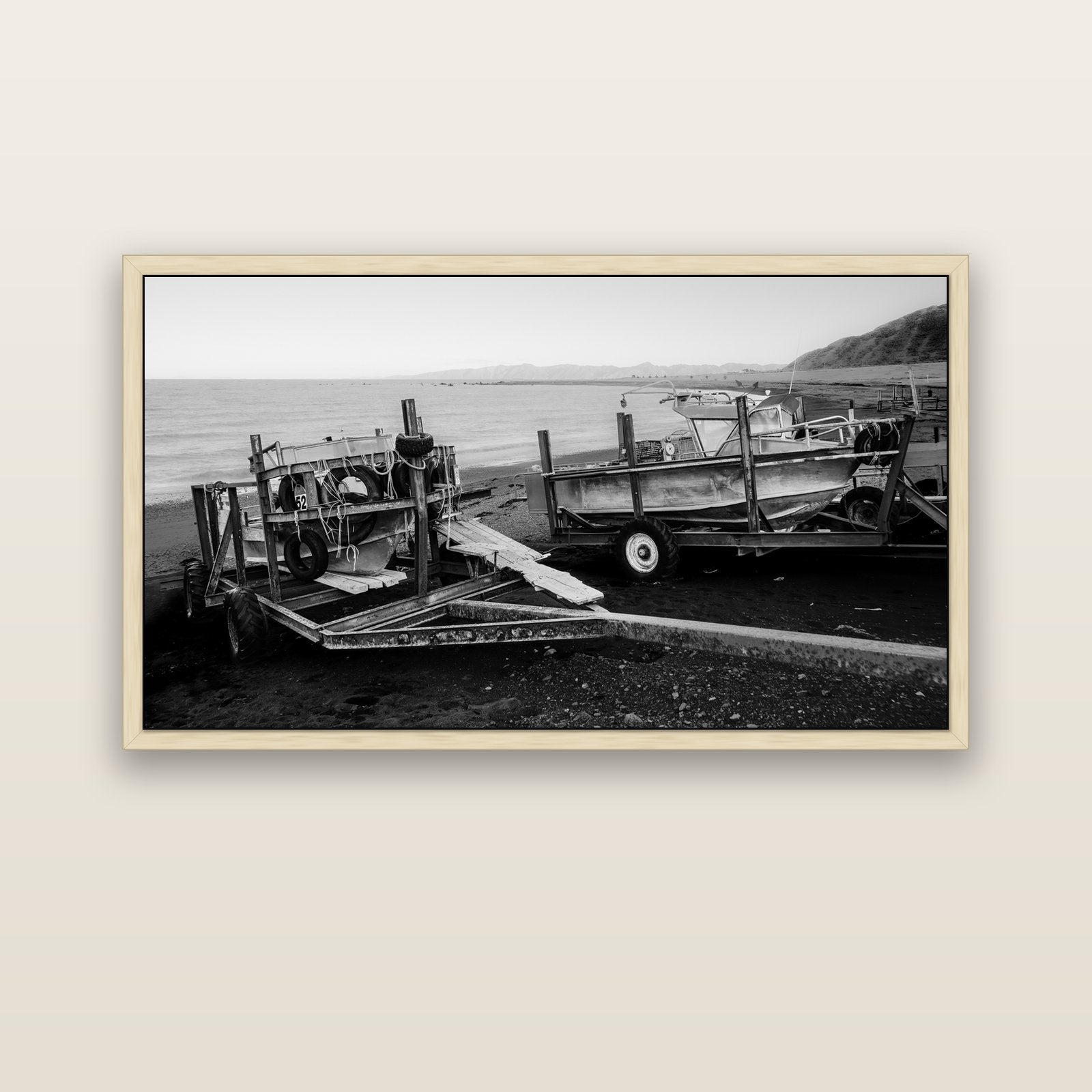 Boats in the Bay, Cape Palliser — natural float frame canvas, 152 × 86 cm. New Zealand fine art landscape wall art by Stephen Milner.